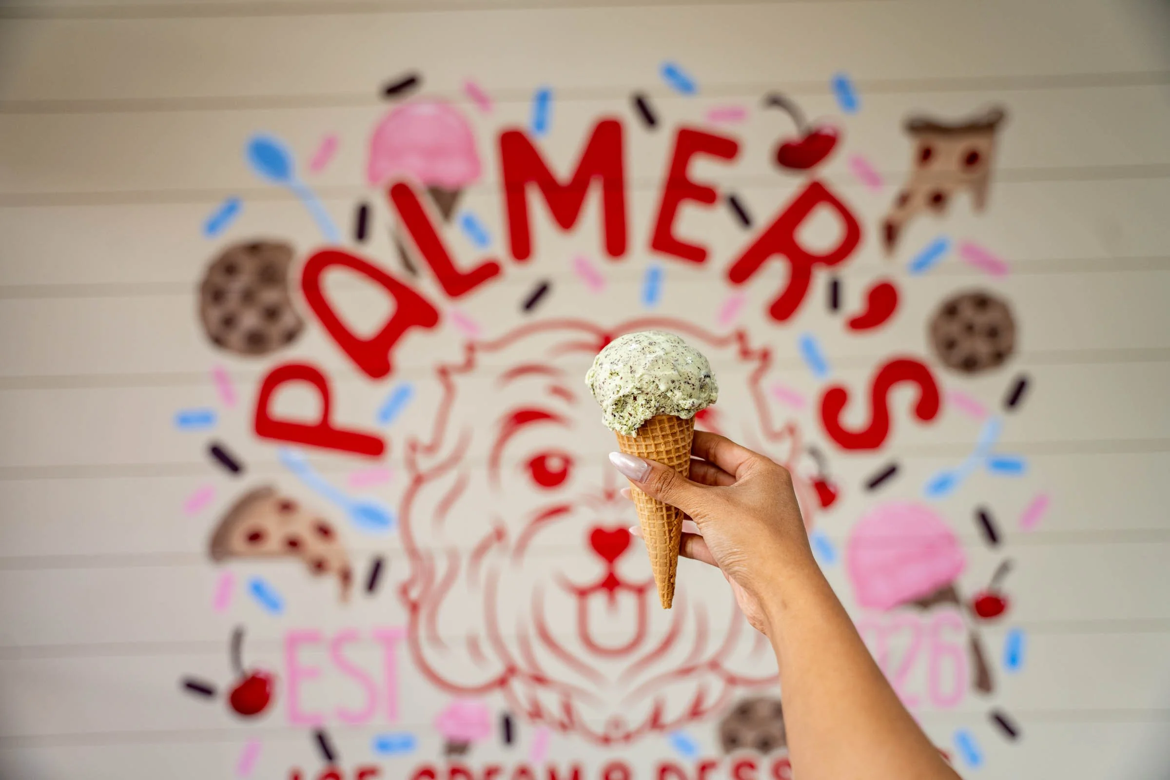 Hand holding a vanilla ice cream cone in front of a colorful graphic that says 'DREAMER' with images of cookies, ice cream, and sprinkles.