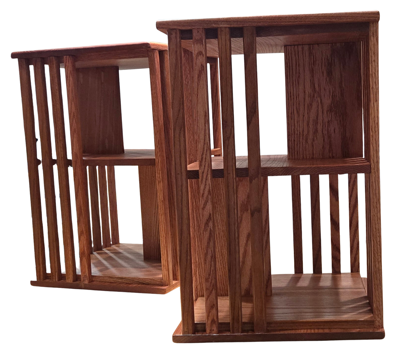 Two wooden shelving units with slatted sides and open backs.