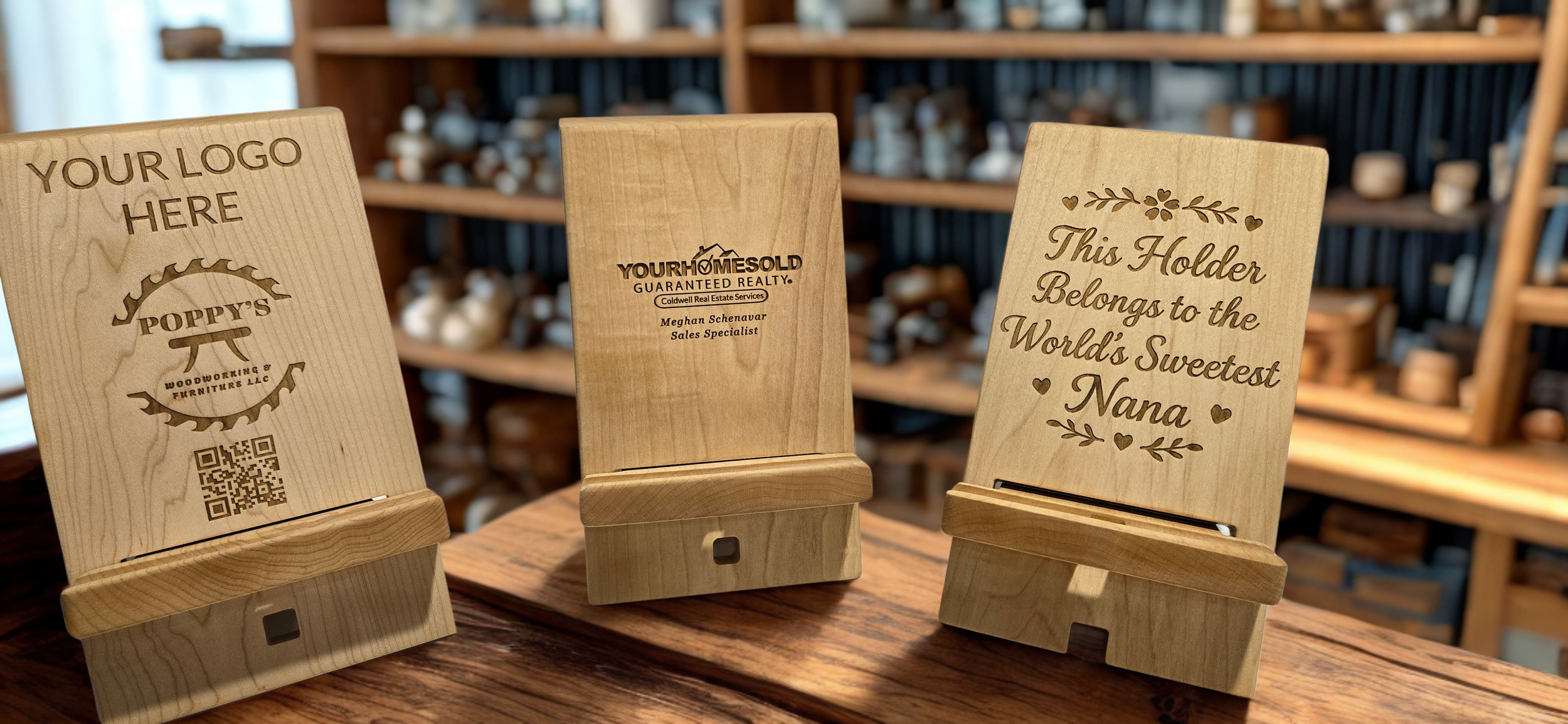 Three wooden signs displayed on a shop table, featuring customizable messages and designs, with a blurred background of woodcraft items on shelves.