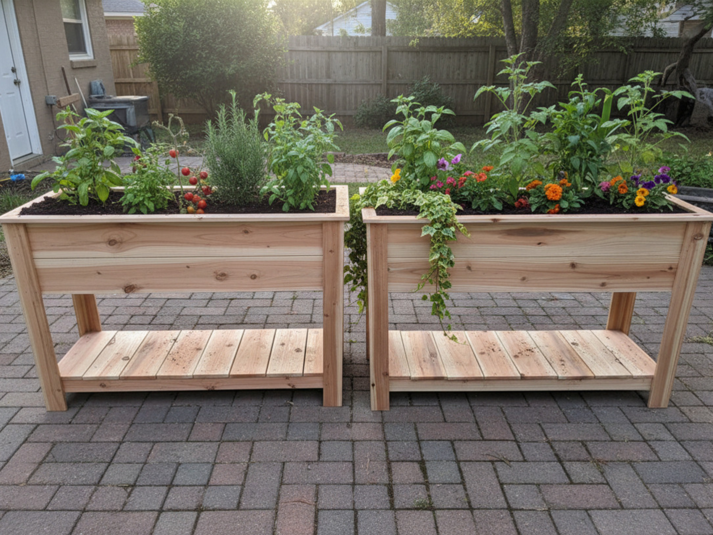 Handcrafted wooden raised garden bed planters built by Poppy's Custom Woodwork in Summerfield, Florida, showcasing custom outdoor woodworking craftsmanship