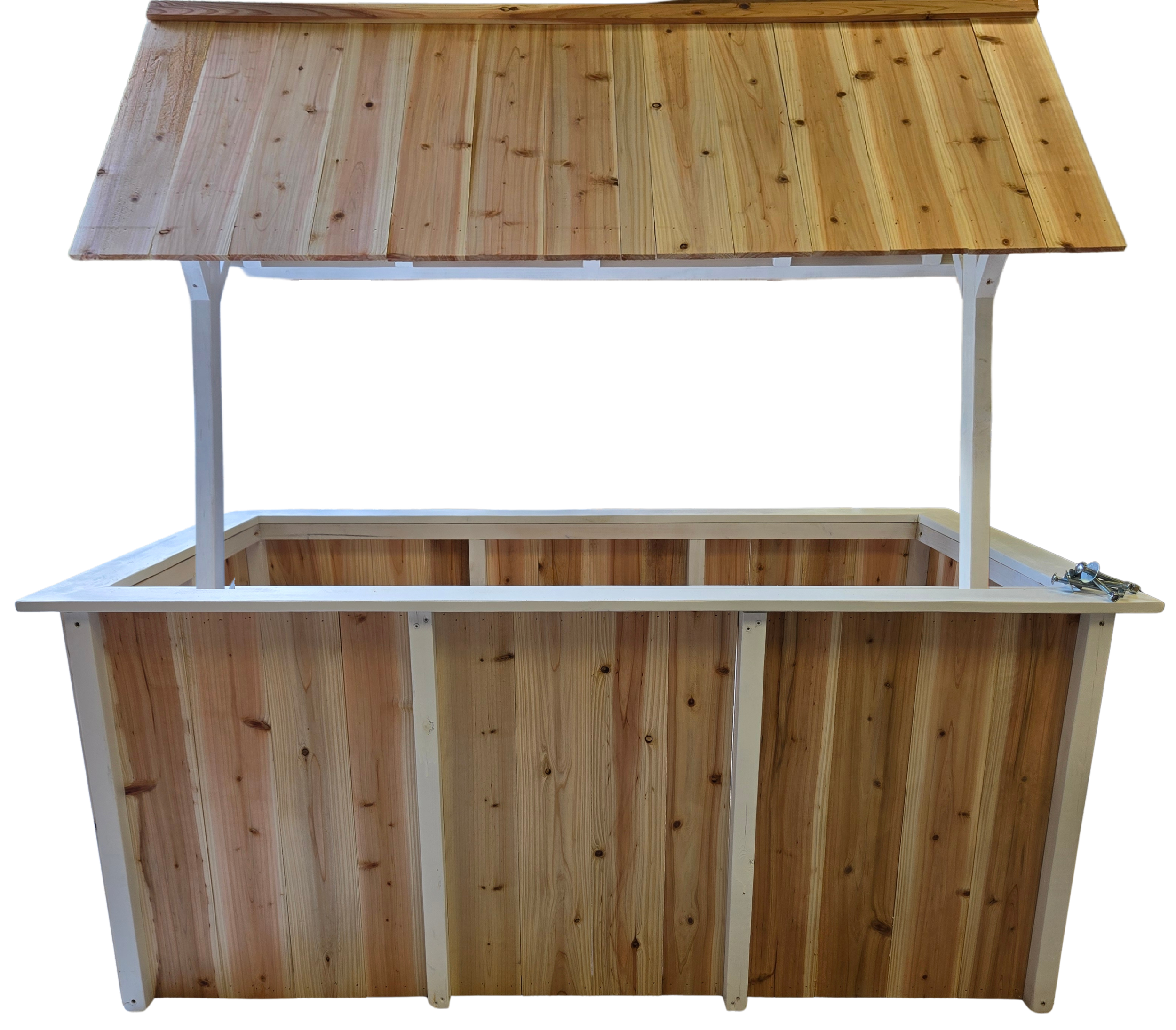 Unfinished wooden table with a natural wood grain top and white painted legs.