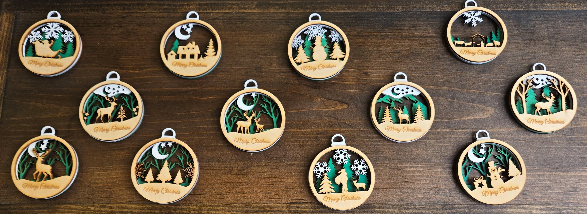 Layered Wood Christmas Ornaments — 3D Laser-Cut Holiday Scenes