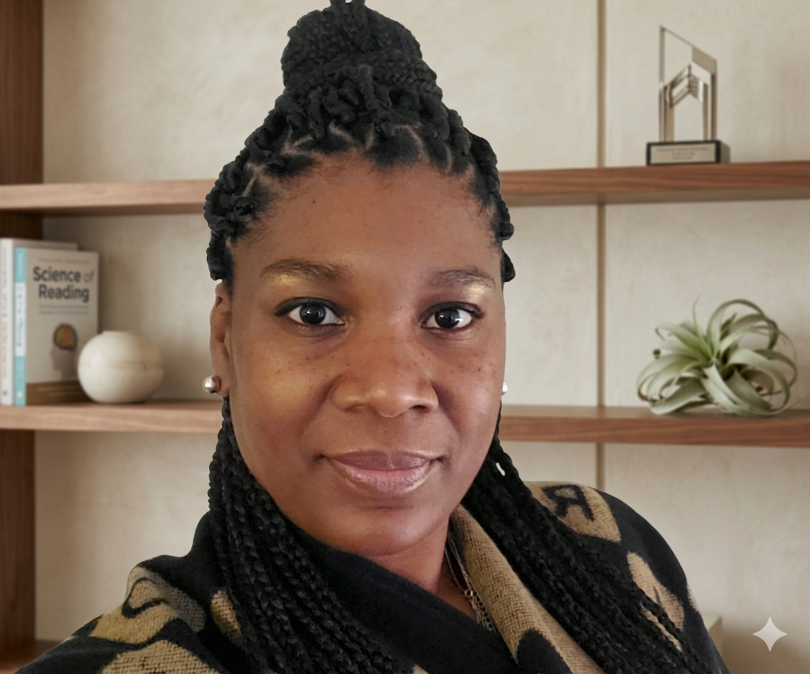 A woman with braided hair, wearing pearl earrings, looking at the camera with a neutral expression, in front of a wooden shelf with books and decorative objects.