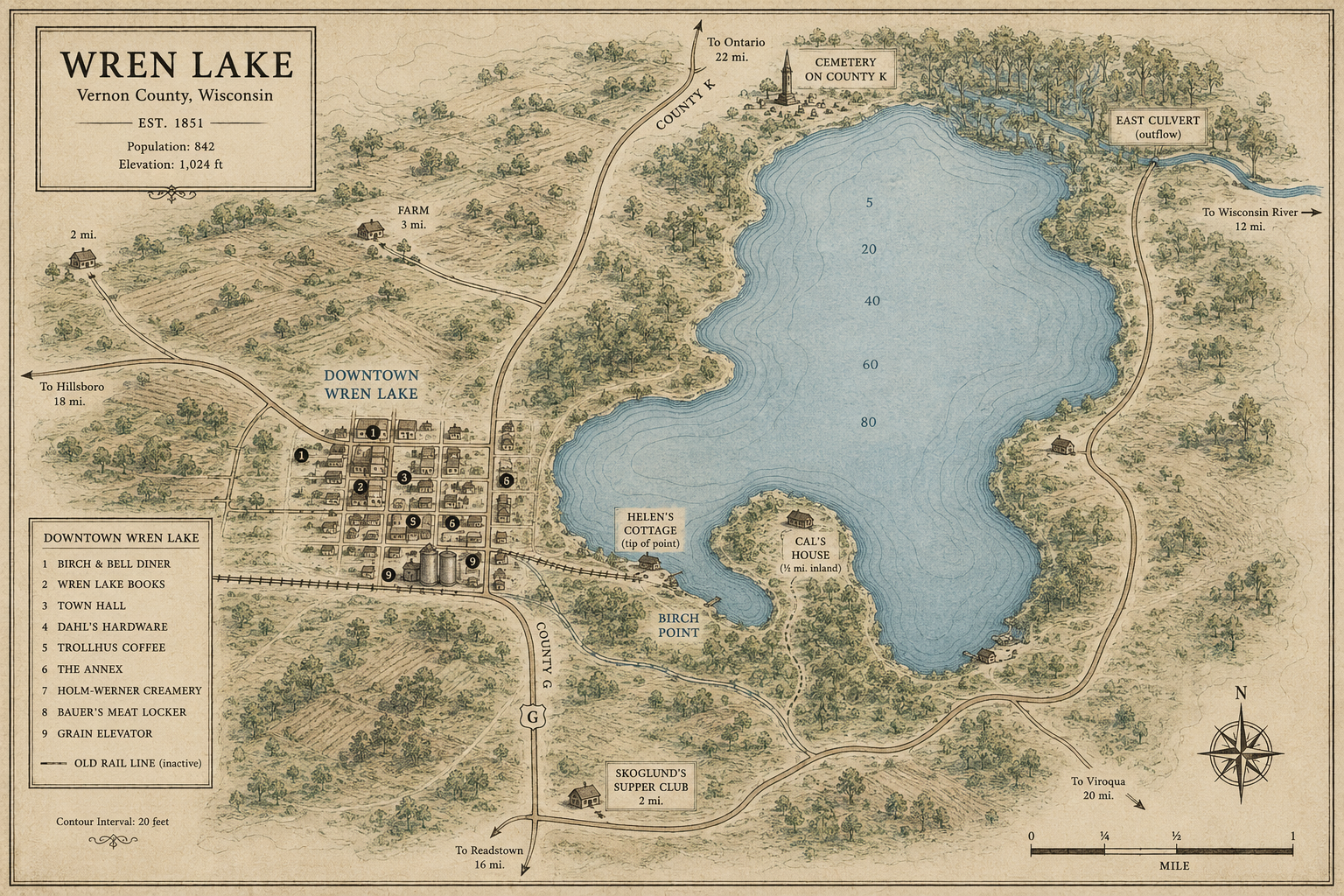 Illustrated map of Wren Lake, Wisconsin, showing the lake at center-right, downtown to the west, Birch Point peninsula, and surrounding farmland.