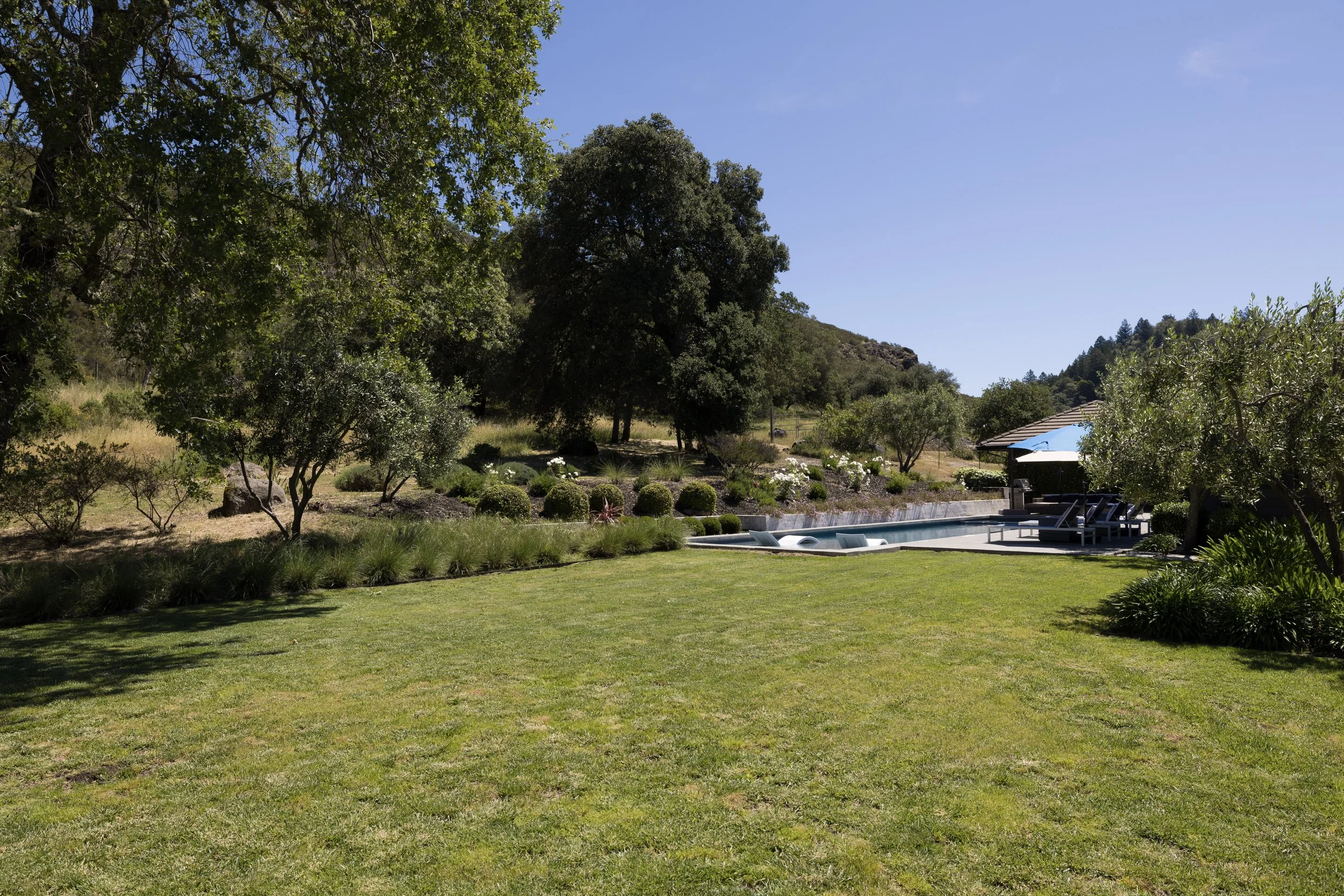 A backyard with a pool, outdoor lounge chairs, and garden landscaping, surrounded by trees and hills, under a clear blue sky.