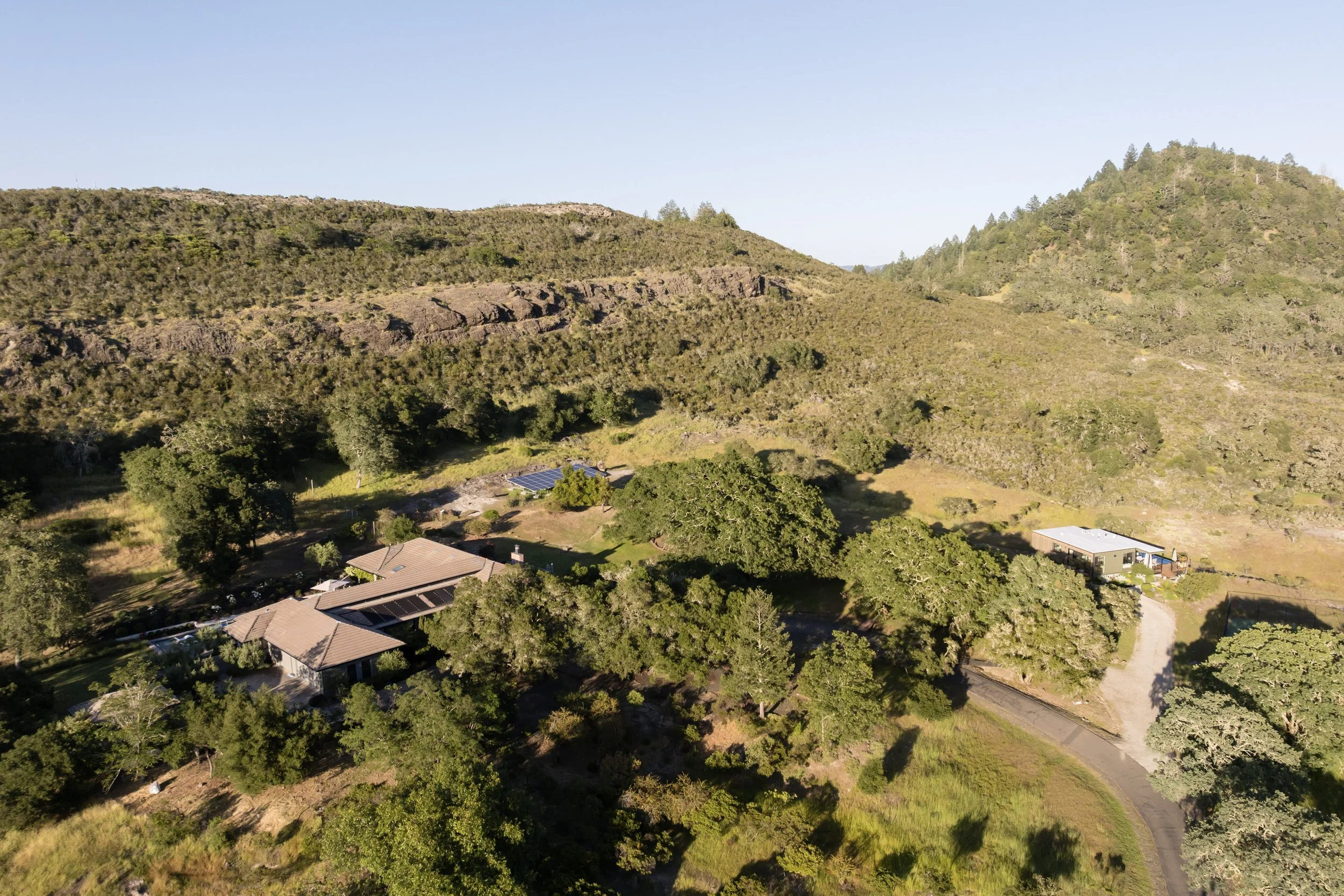A hillside landscape with trees and shrubs, residential buildings with solar panels, and a large hill in the background under a clear blue sky.