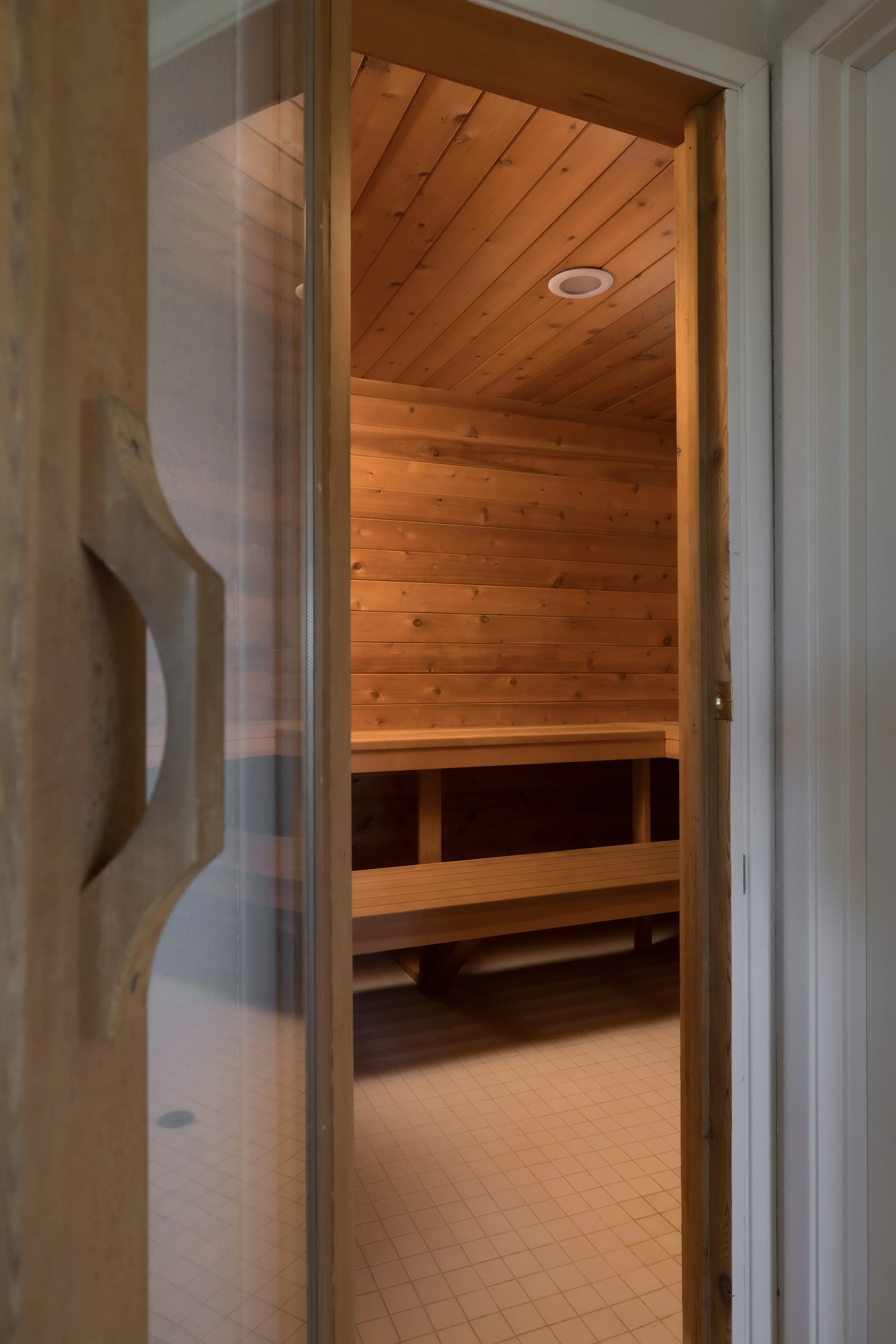 A wooden sauna room with benches and a ceiling vent, viewed through a door with a glass panel.