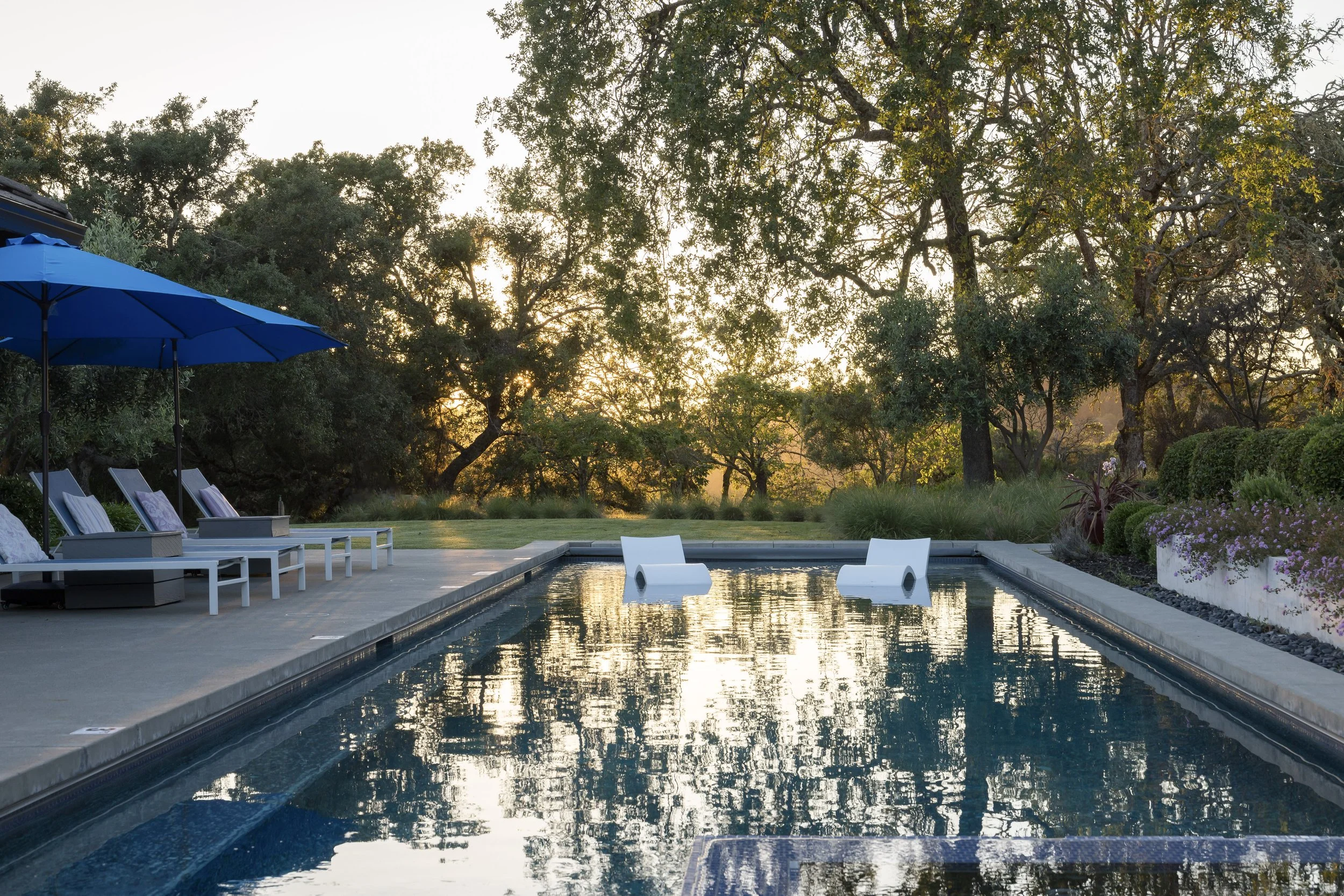 An outdoor swimming pool at sunset with lounge chairs and a blue umbrella, surrounded by trees and greenery.