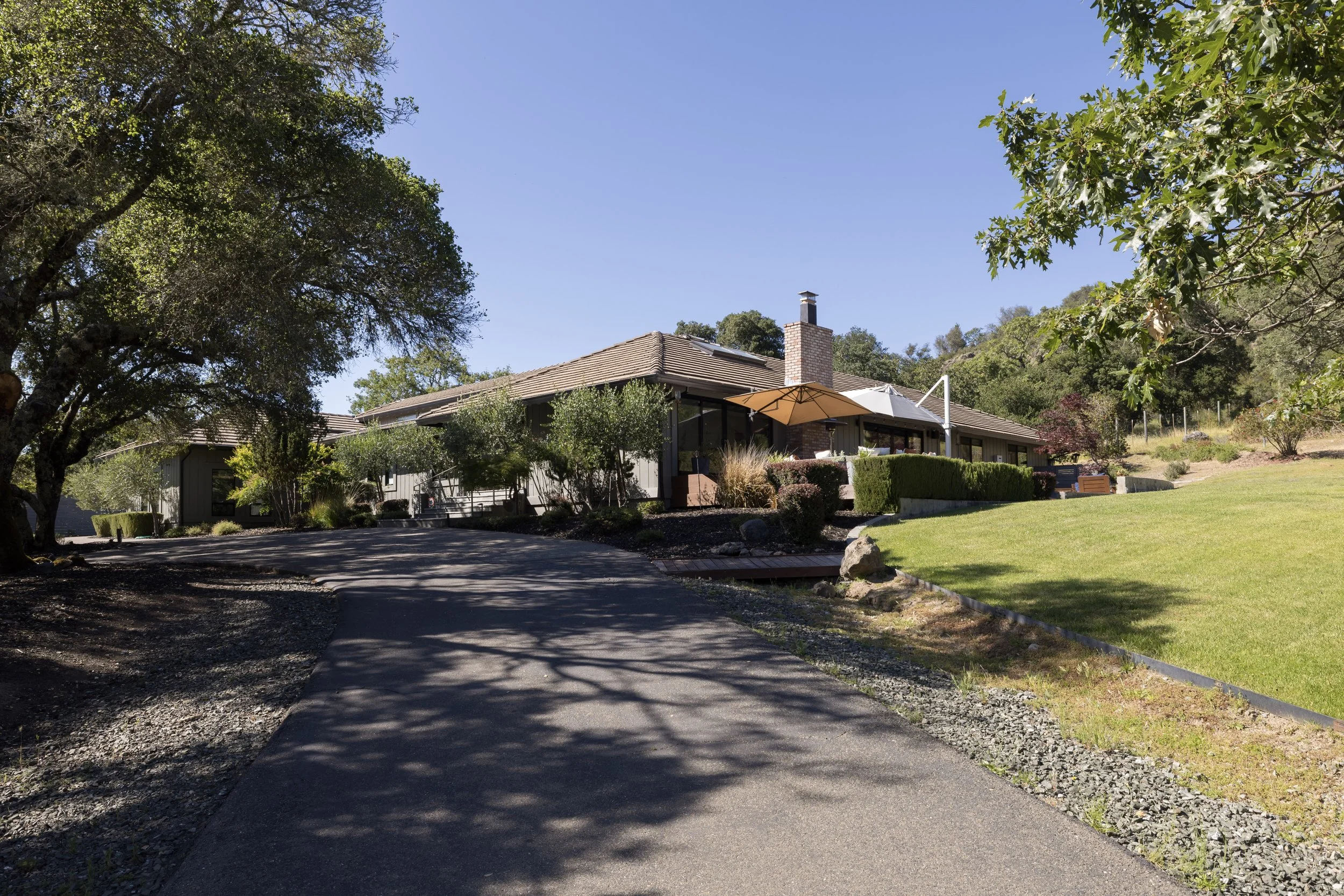 A single-story house with a sloped roof, brick chimney, and multiple large windows, surrounded by trees and greenery, with a driveway leading up to it on a sunny day.