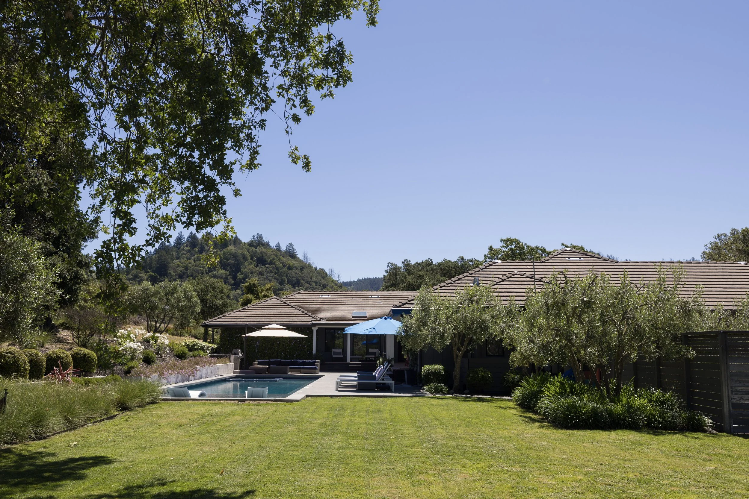 Backyard with a grassy lawn, trees, and a house with a tiled roof, umbrellas, and outdoor furniture under a clear blue sky.