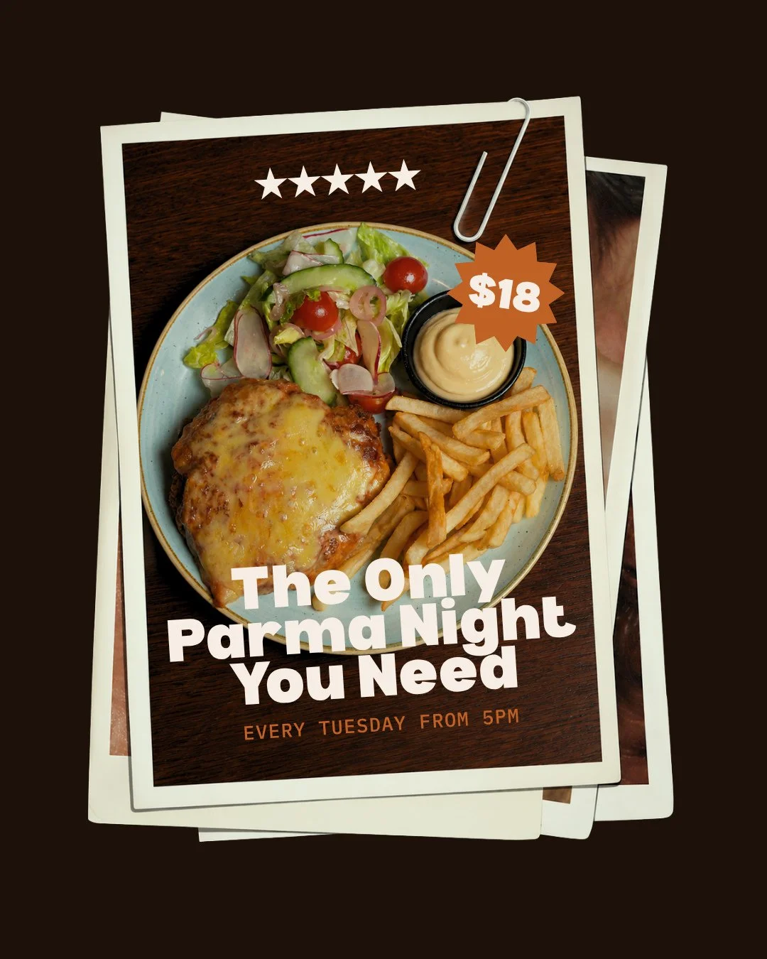 $18 Parma Night from 5PM every Tuesday, with your choice of chicken or eggplant, served with fries and garden salad.⁠
⁠
Book your table via the link in bio.