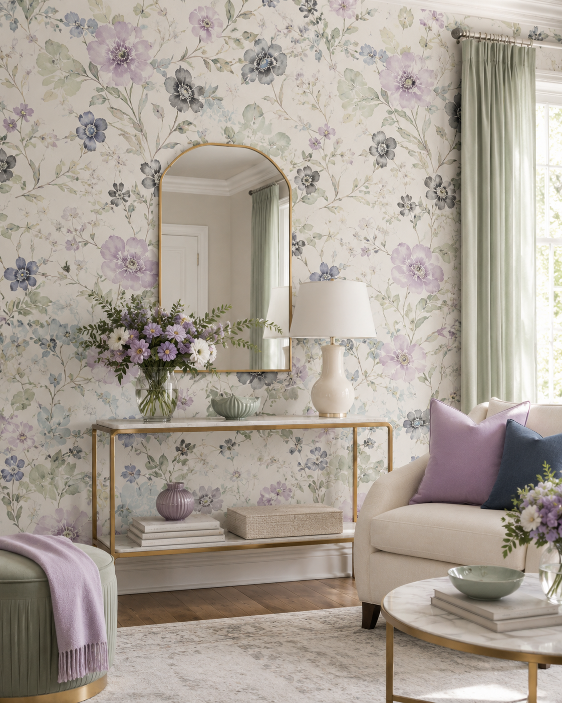 A living room with floral wallpaper, a mirror, a table with flowers, a lamp, and a sofa with pastel cushions.