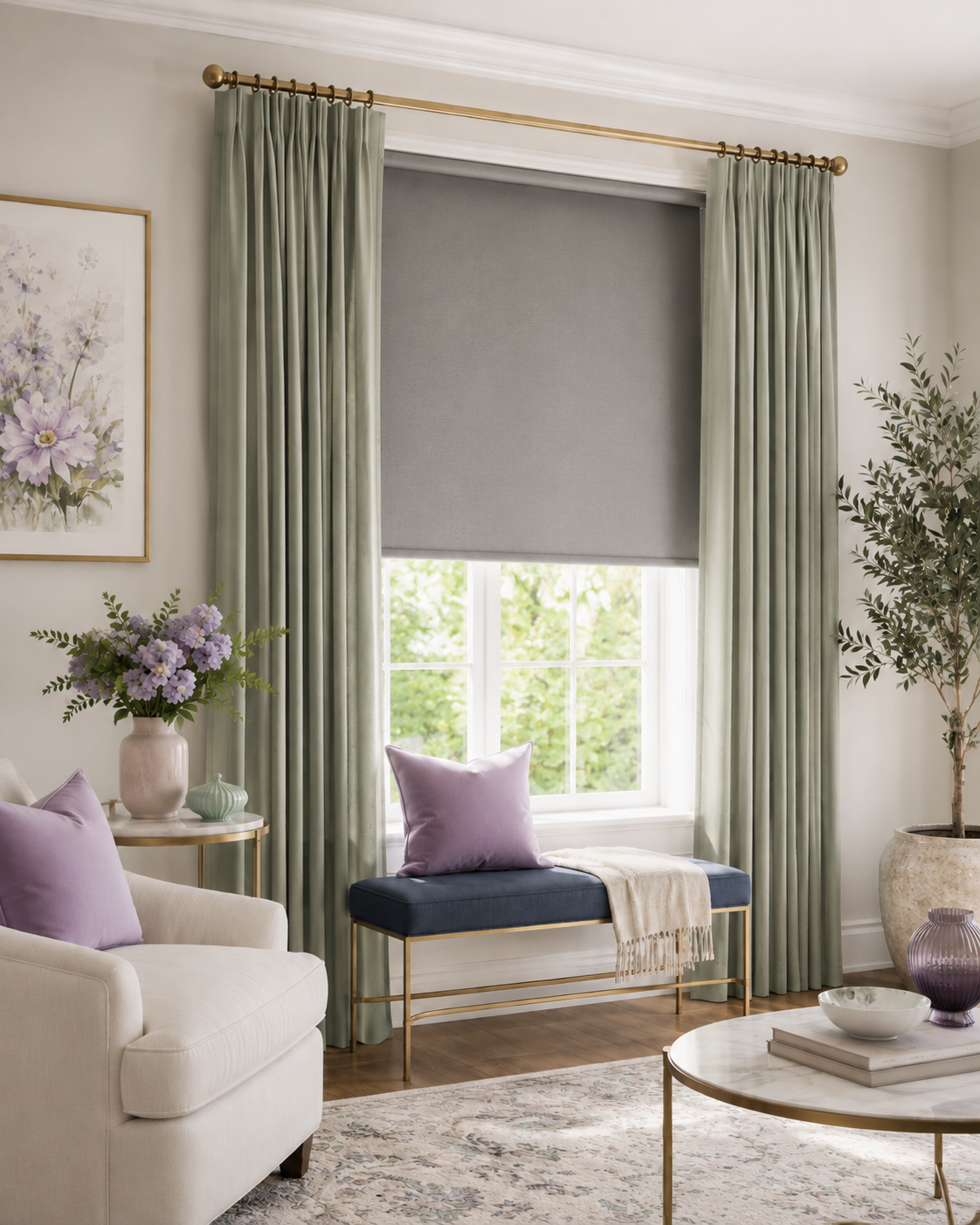 Living room with a large window, green curtains, a gray window shade, a cream sofa with purple pillows, a vase with purple flowers, a small round table, and a large potted plant.