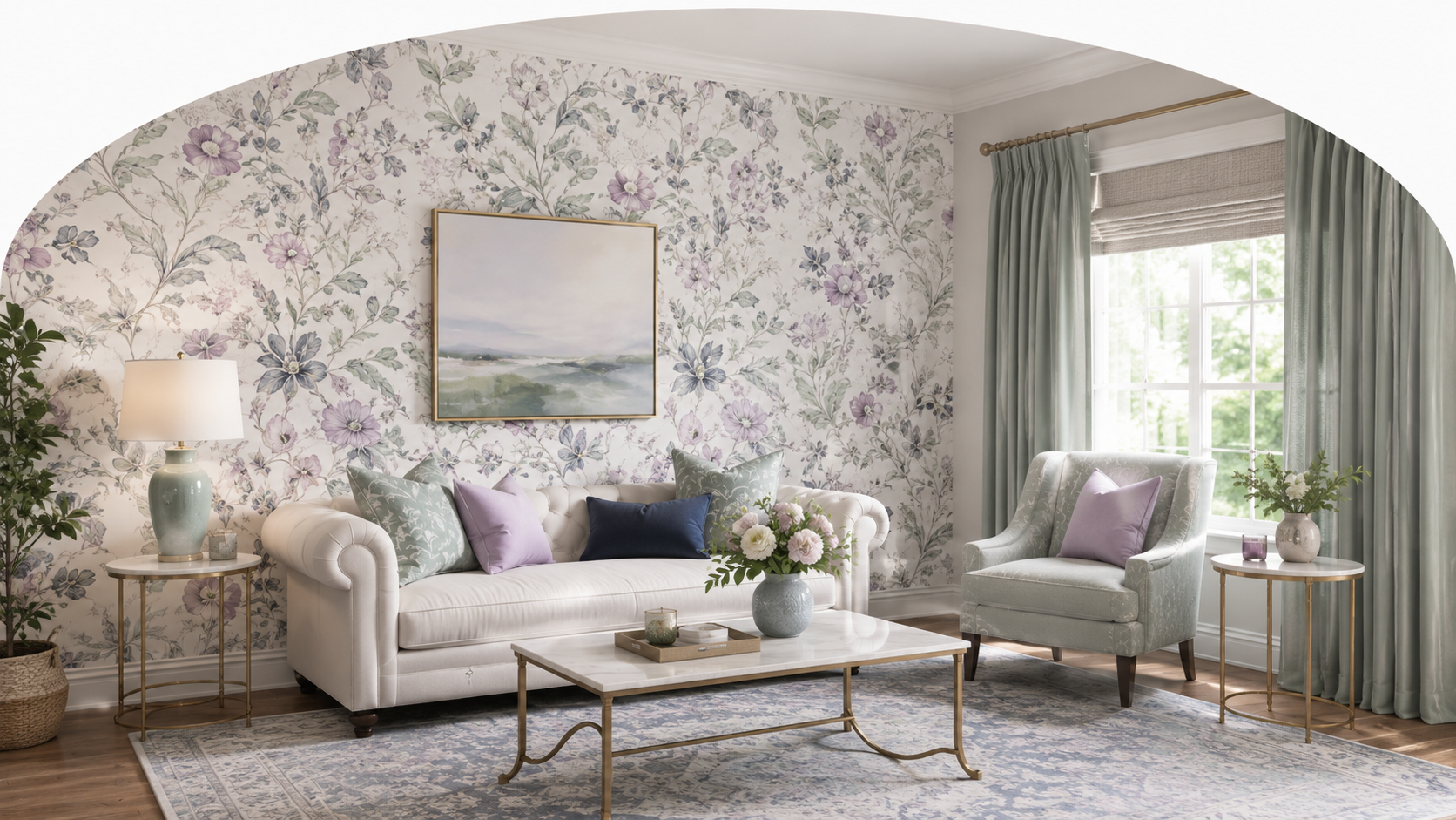 A living room with floral wallpaper, a white tufted sofa with pastel pillows, and a matching armchair. There are two round side tables with lamps and vases with flowers. A coffee table with a floral centerpiece is in front of the sofa. A large window with blue curtains lets in natural light, and a framed landscape painting hangs on the wall.