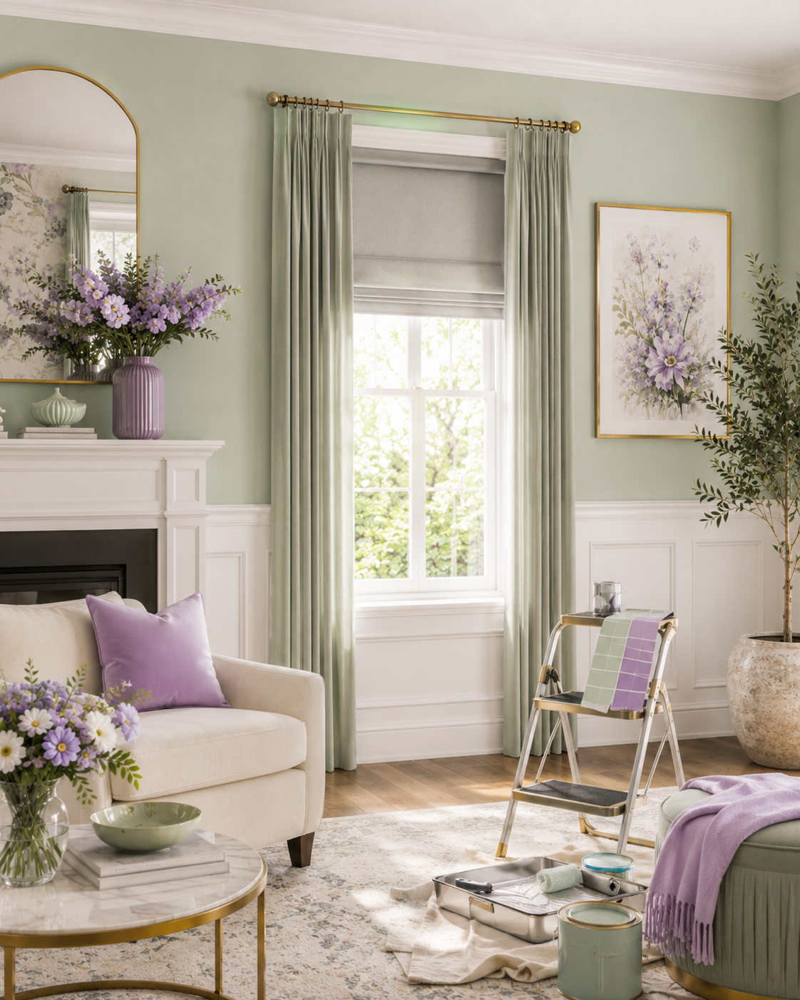 Living room with green walls, white trim, and large window with green curtains, decorated with purple accents including a purple vase with flowers, a purple pillow, and floral artwork, featuring a cream sofa, a patterned rug, and a potted plant.