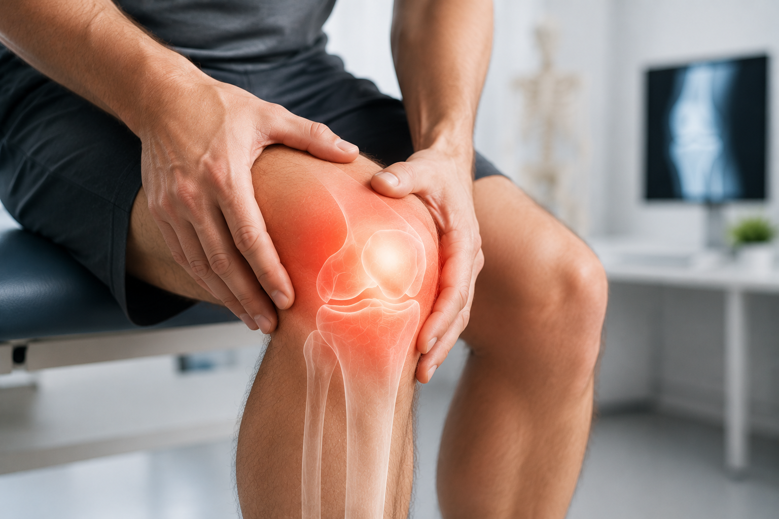 Persona con dolor de rodilla, tocándola, con una ilustración médica de la articulación de la rodilla resaltada en color rojo en la imagen.