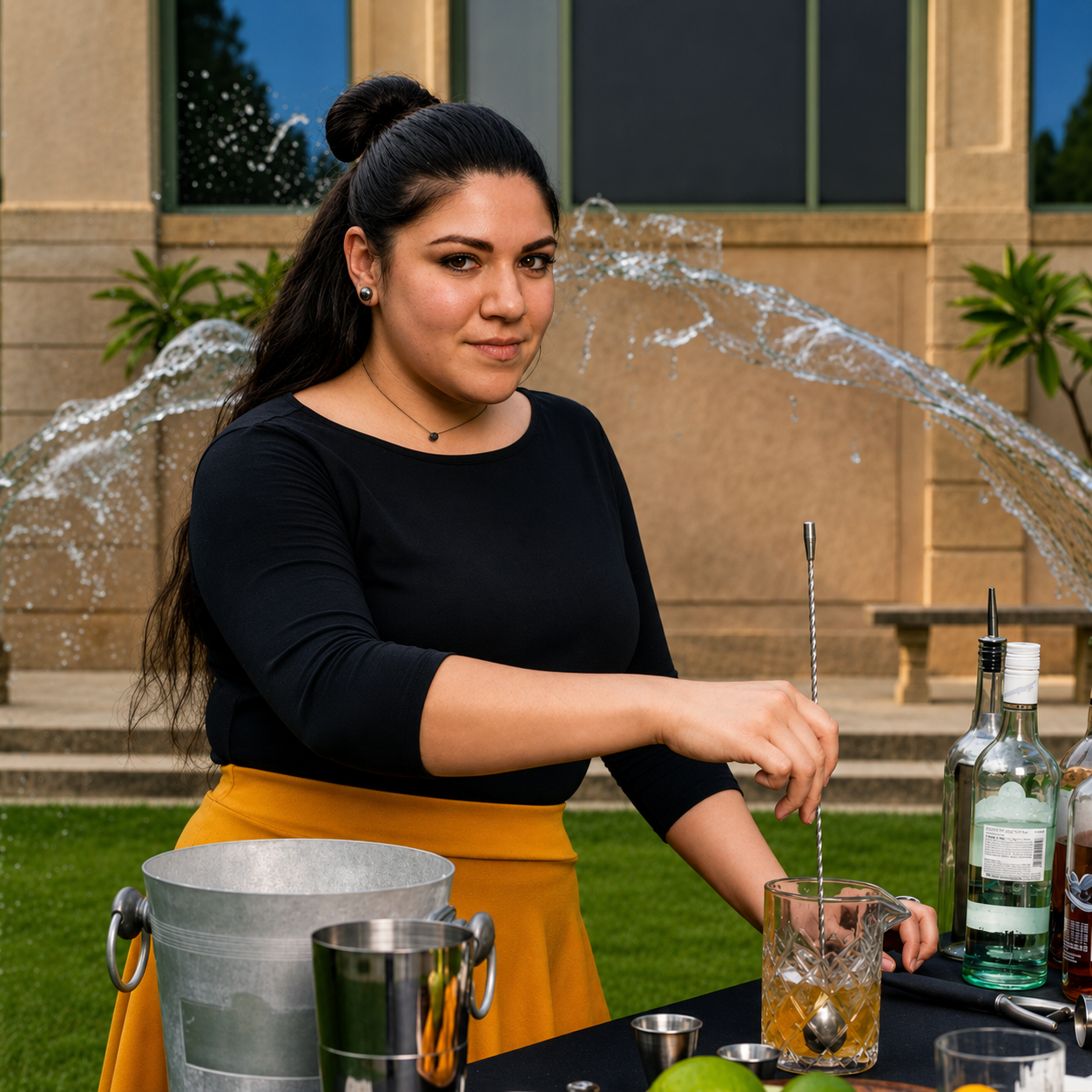 A woman in a black top and yellow skirt mixing a drink with a stirring rod at an outdoor bar, with bottles and bar tools, near a water fountain in a garden setting.
