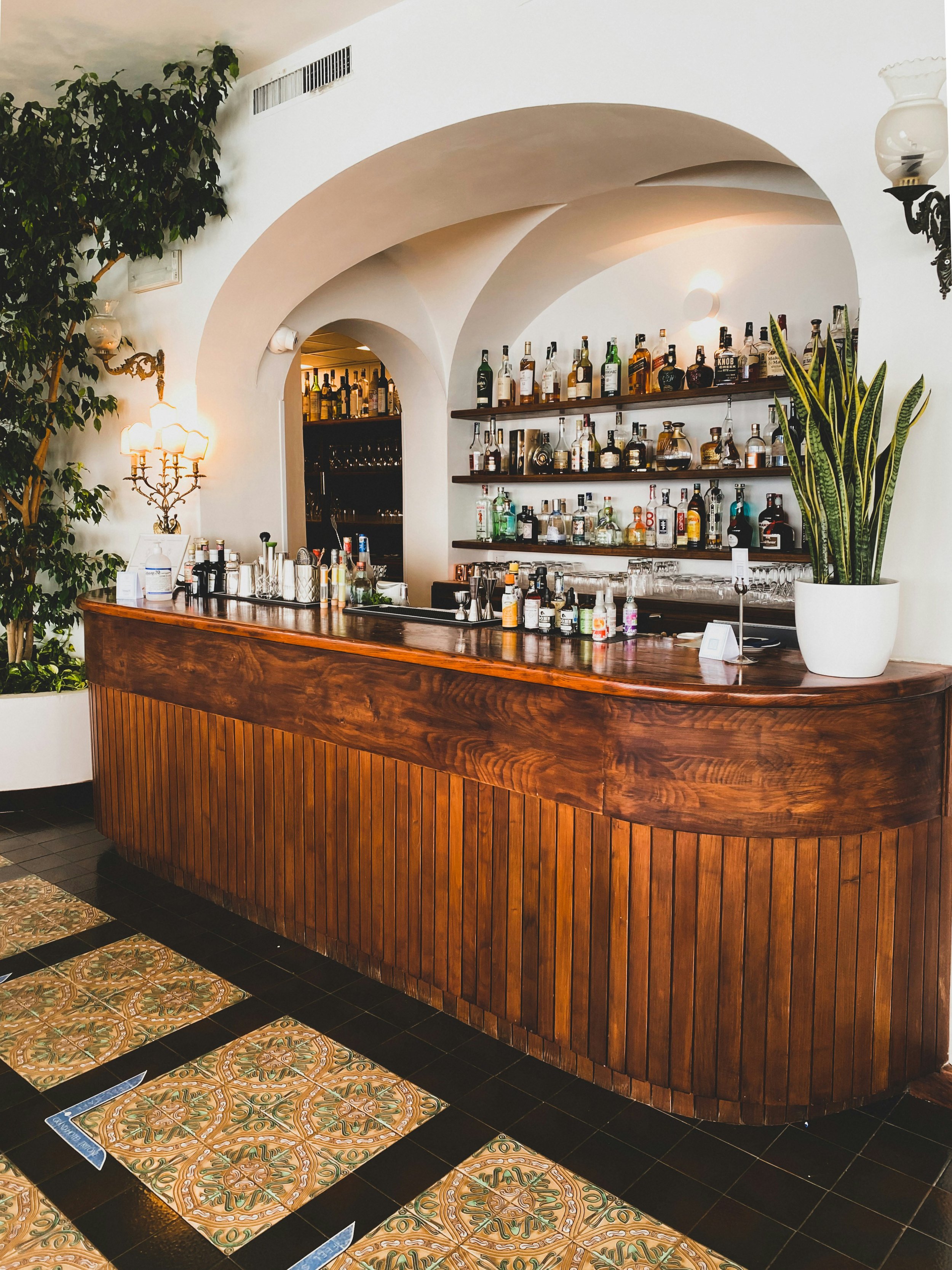Wooden bar counter with liquor bottles on shelves and glasses, decorative lighting, a potted plant, and patterned tiles on the floor.