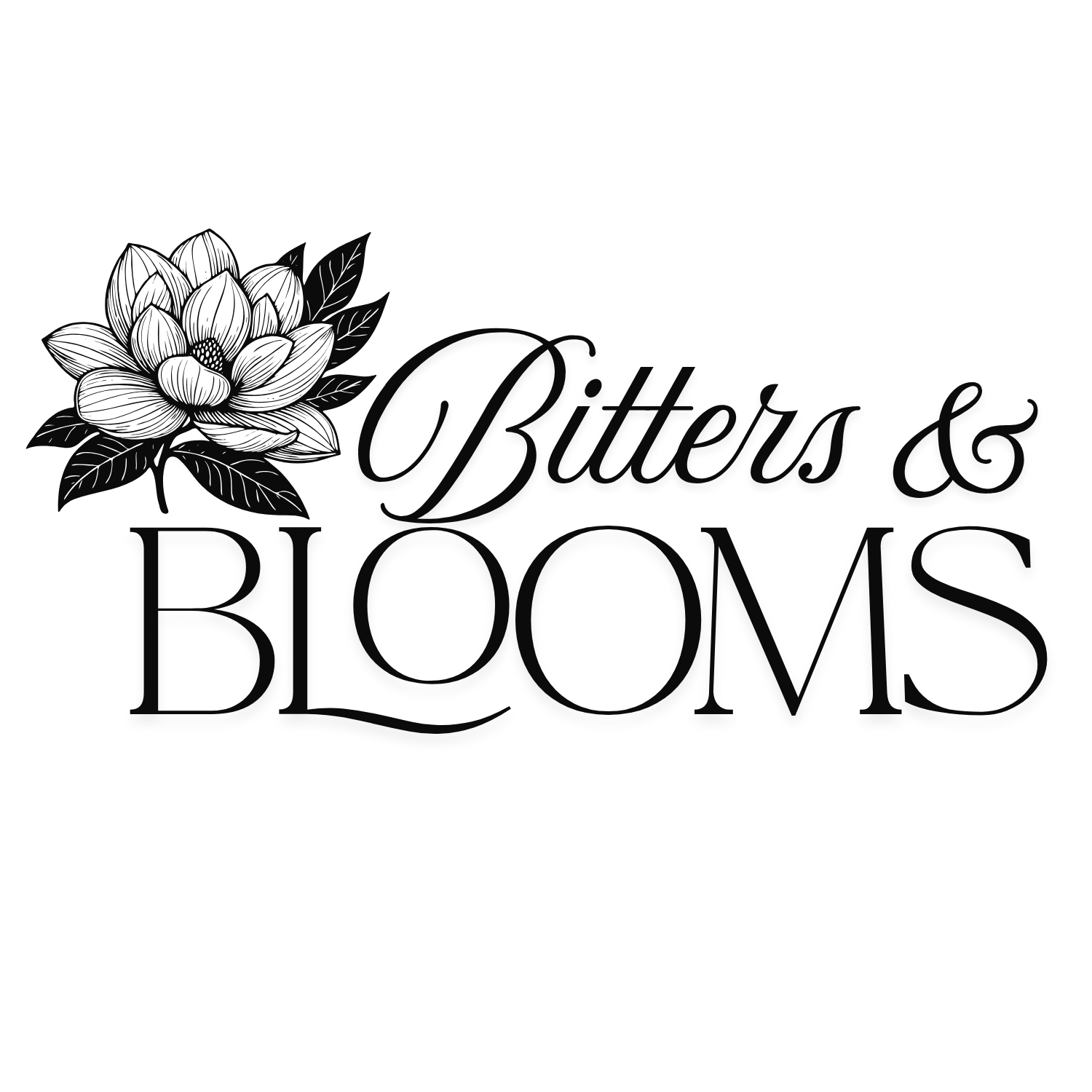 Black logo with a detailed illustration of a Magnolia flower, and the text 'Bitters & BLOOMS' in elegant script.