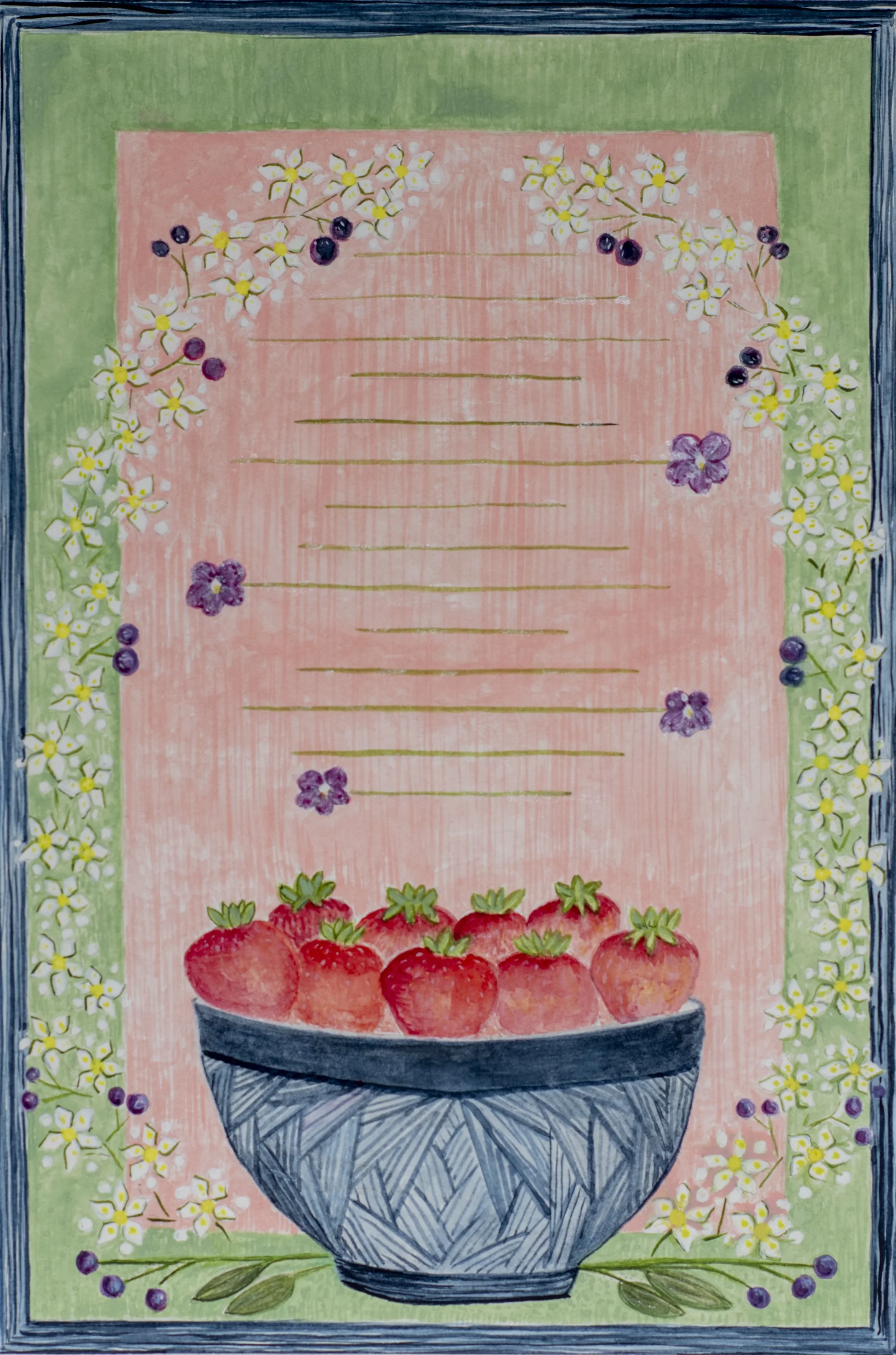 A hand-painted illustration of a bowl of strawberries, with strawberries and floral decorations around it, on a pink and green background with a blue border.