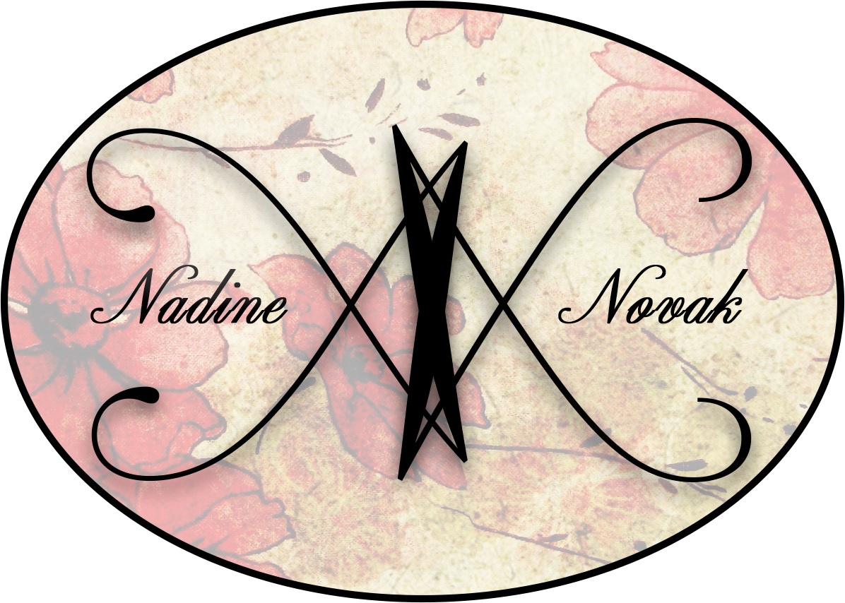 Logo for author Nadine Novak. Red flower wallpaper background with the name Nadine Novak and a graphic symbol that is the letter N placed back to back creating a butterfly effect.