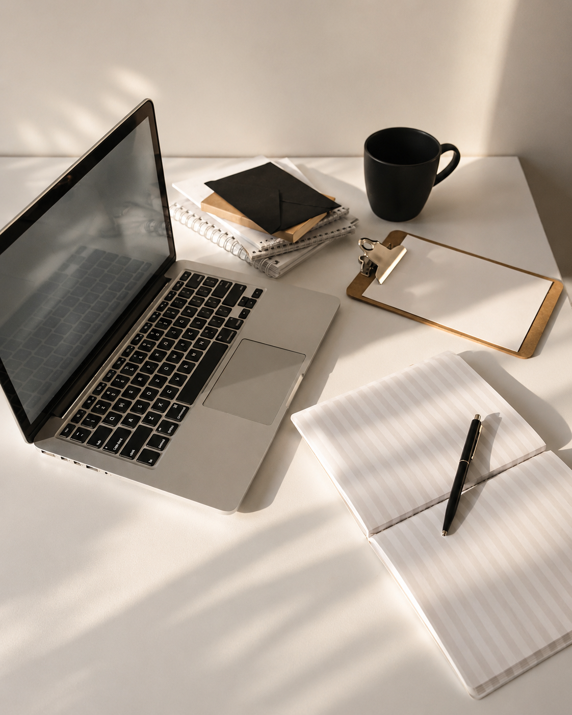 A clean white desk with a laptop, notebooks, a black cup, a clipboard, notepad with pen, and a stack of paper.