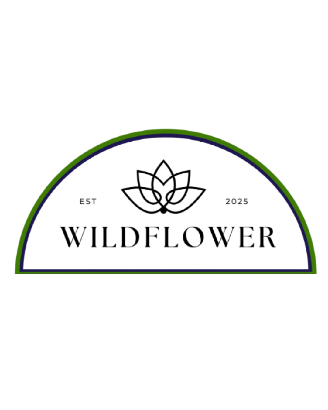 A semi-circular logo for Wildflower, featuring a black flower icon, green border, and the text 'Wildflower' and 'EST 2025' inside.