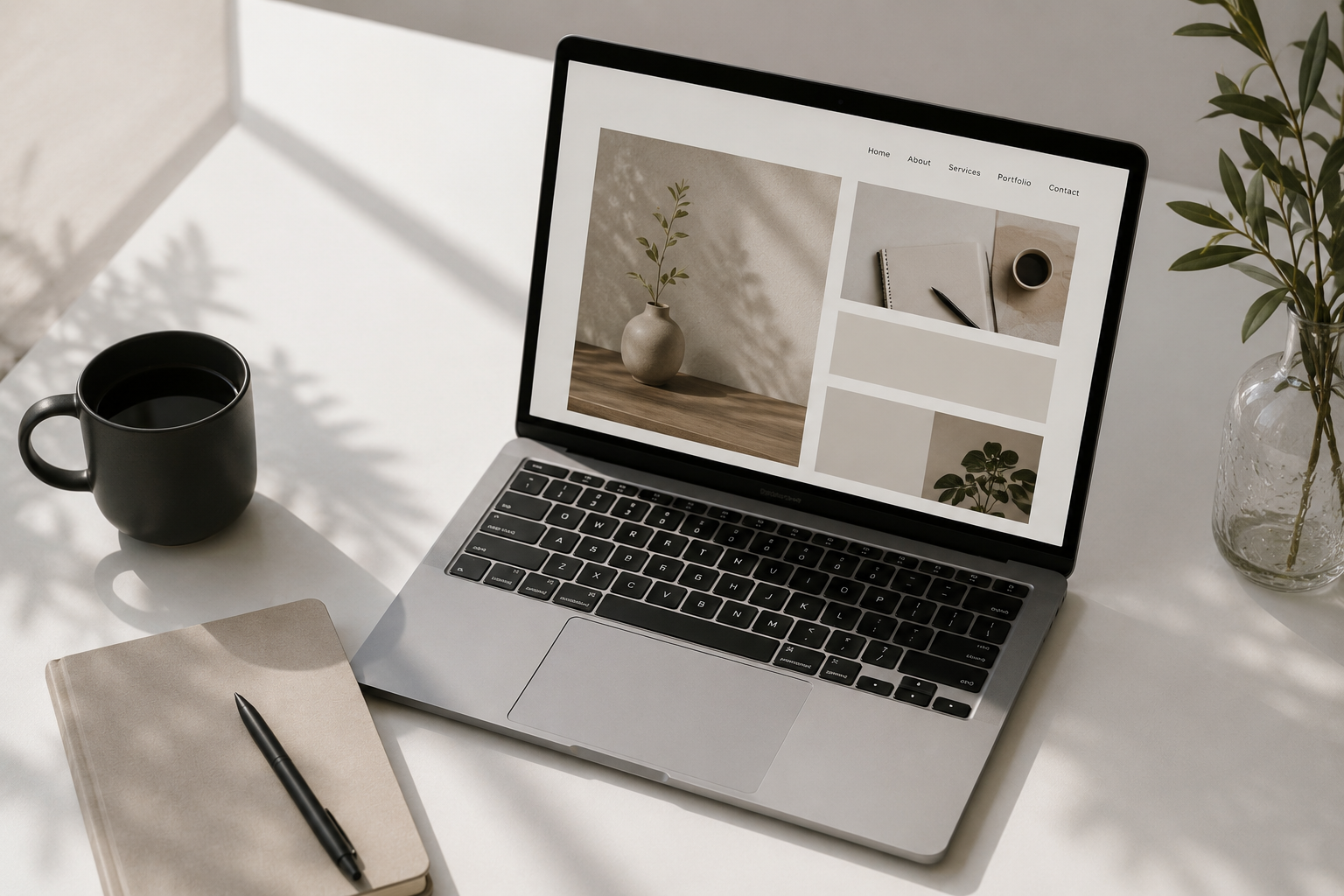 Laptop on a white desk displaying a minimalist website with images of plants and notebooks, with a black coffee mug, a closed beige notebook, and a pen nearby. A vase with green leaves is on the right side of the desk.