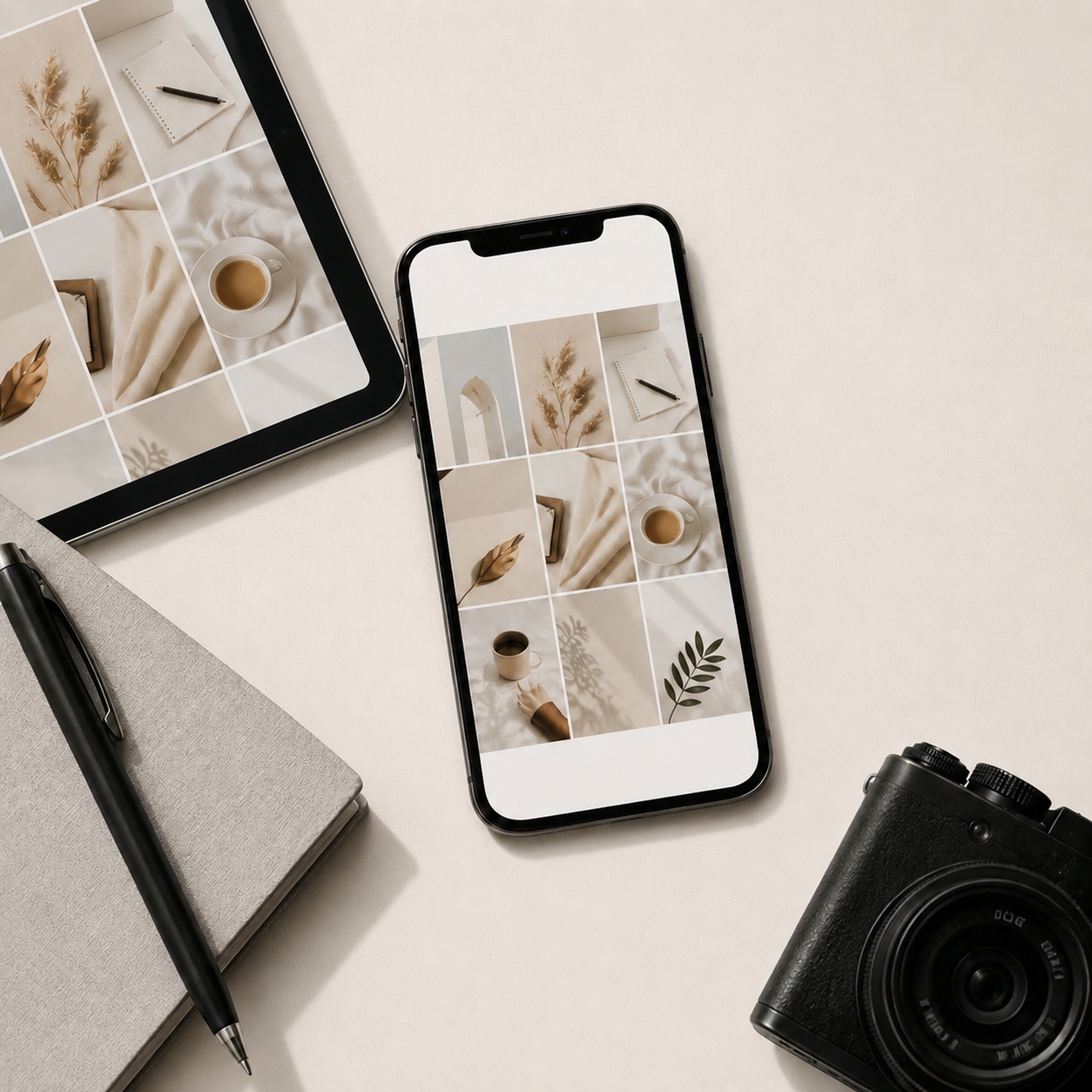 A flat lay of a smartphone, camera, notepad, pen, and tablet on a white surface, with the phone screen displaying a grid of minimalist photos including a coffee cup, leaves, and dried flowers.