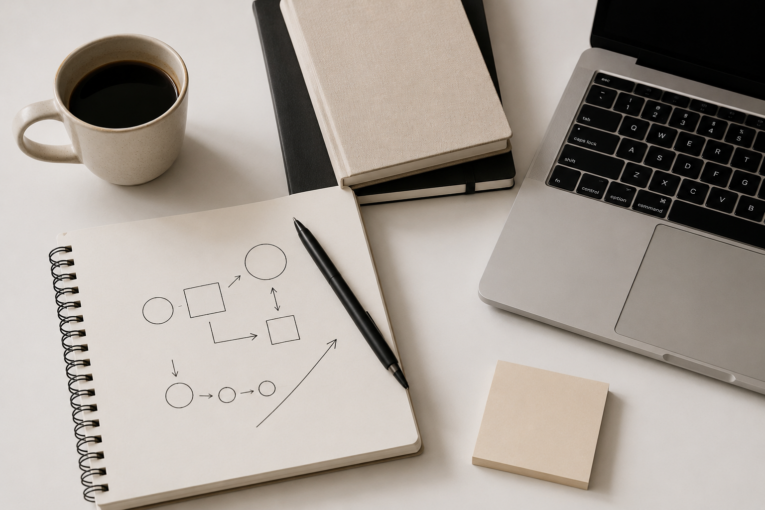 Desk with coffee cup, notebooks, sketchpad with flowchart, pen, laptop, and sticky notes.