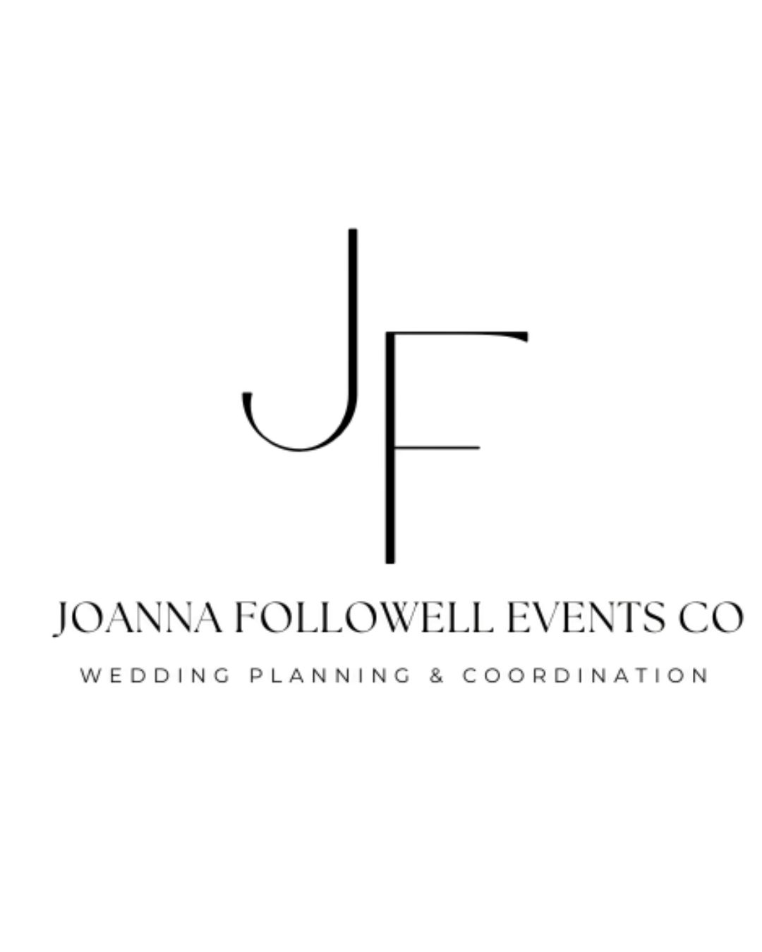 Logo for Joanna Fowell Events Co featuring a stylized silhouette of a woman in black with a floral headpiece, text 'Wedding Planning & Coordination' below.