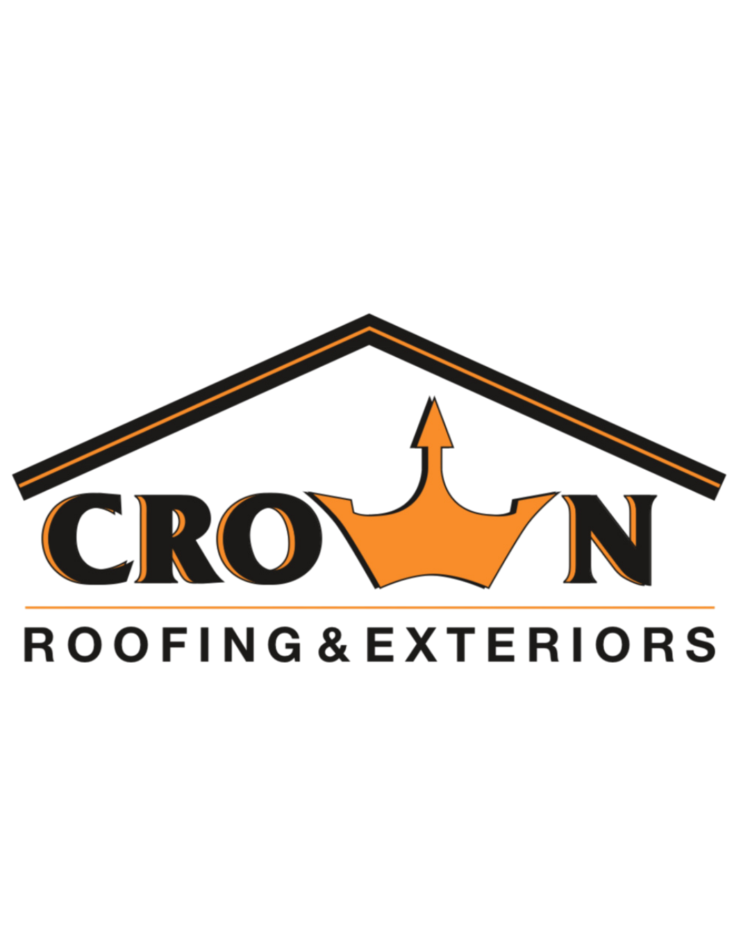 Logo for Crown Roofing & Exteriors featuring a black house silhouette with an orange crown and the company name in black and orange text.
