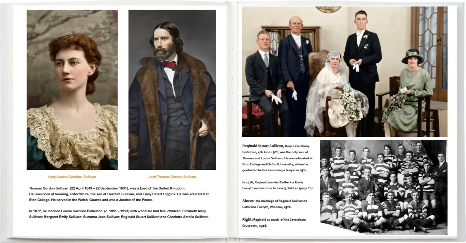 A collection of historical photographs and portraits of Regentail Stuart Sullivan's family and ancestors. Shows Lady Louisa Caroline Sullivan, Lord Thomas Gordon Sullivan, a wedding photo with Sullivan family members, and a black-and-white team photo of the Caversham Crusaders football team from 1918.