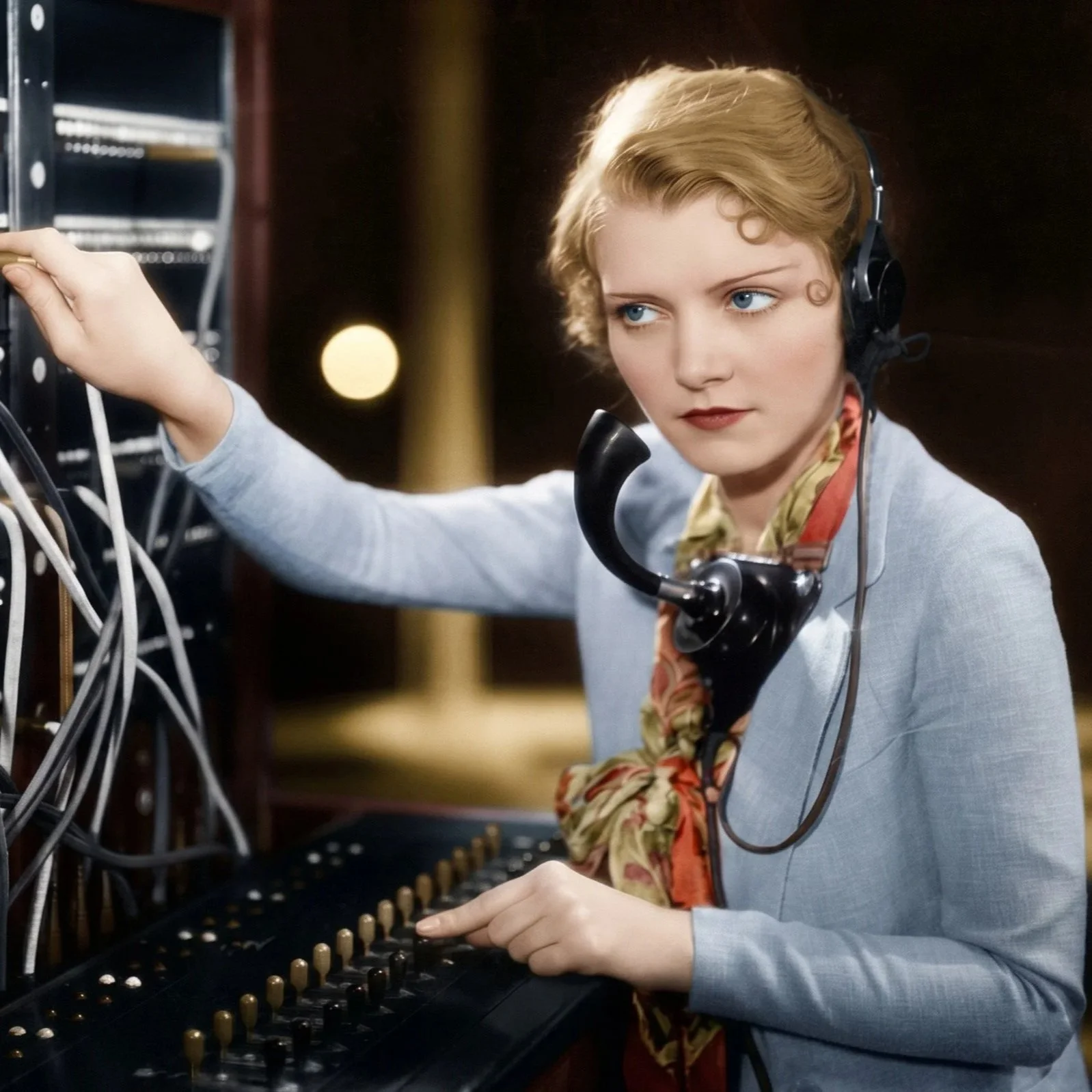 A colourised photo of a telephone operator with blond hair, wearing headphones and a scarf, using an antique telephone switchboard