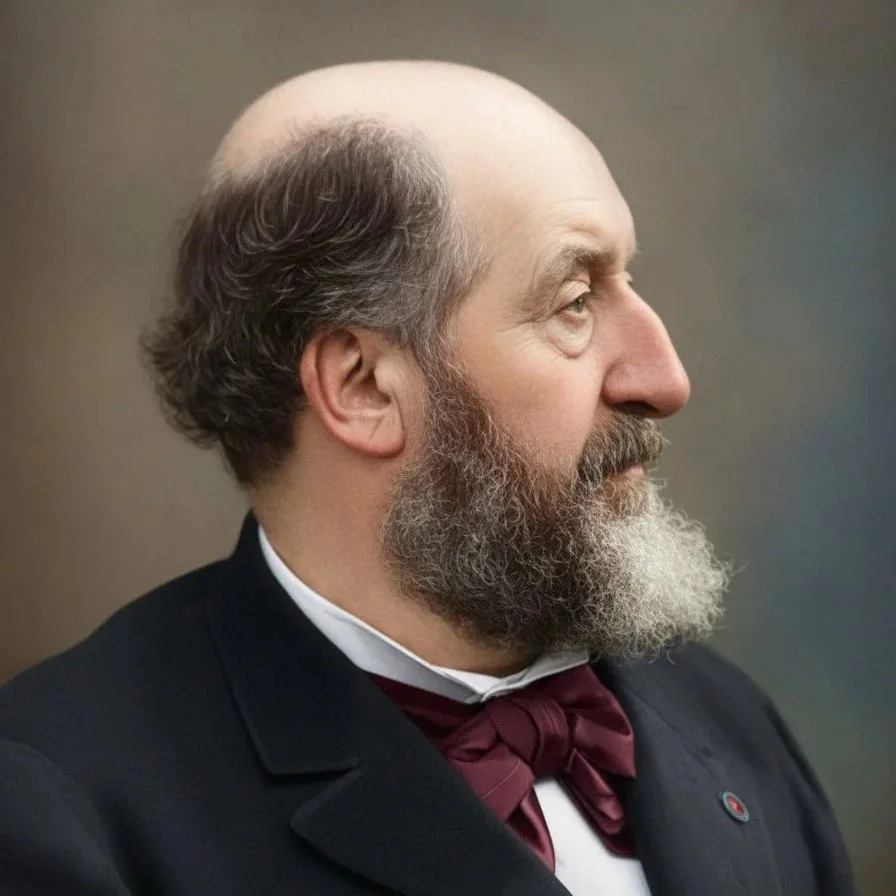 Profile of an older man with a bald head, full gray beard, dressed in a dark suit with a bow tie, looking to the right.