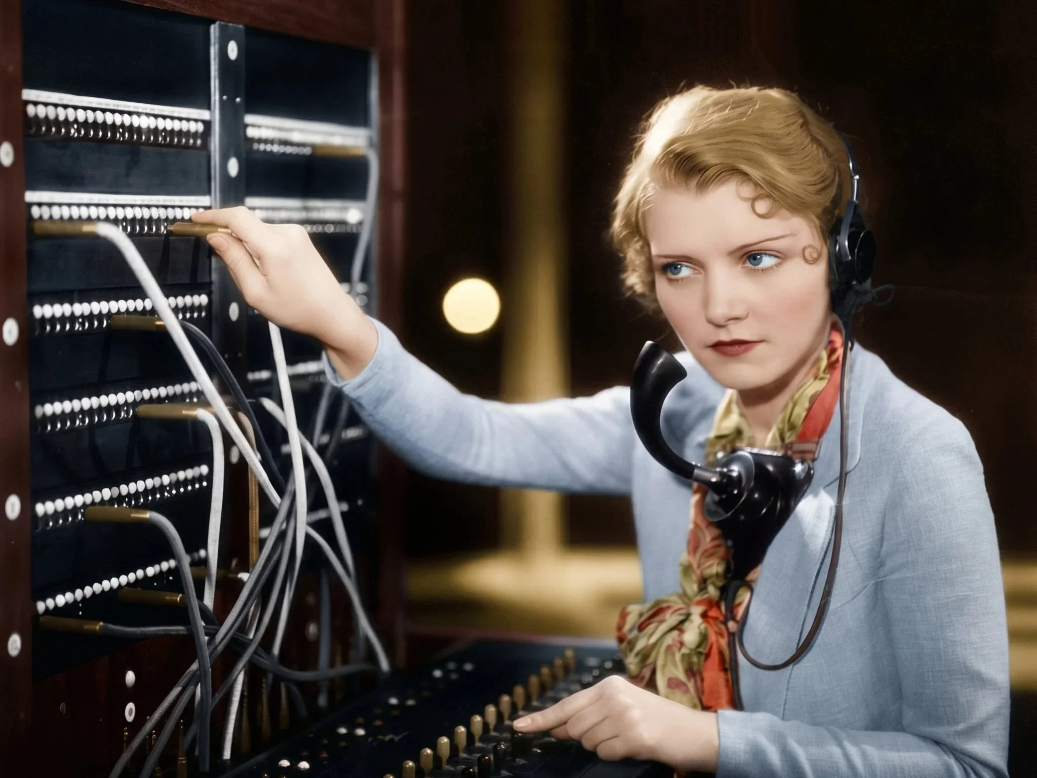 A colourised photo of a woman with blonde curly hair wearing a vintage dress and a silk scarf, using a headset, is operating a vintage telephone switching system with multiple wires and buttons.