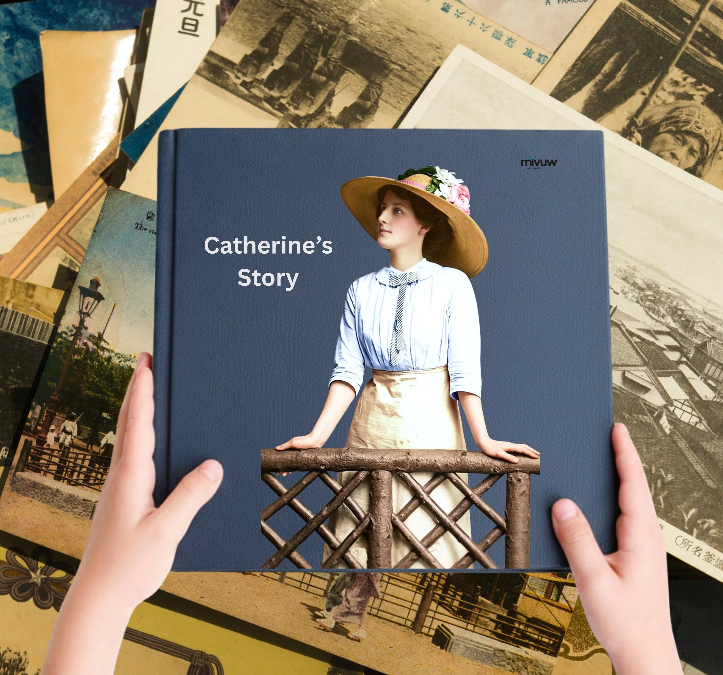 A blue hardcover book titled "Catherine's Story" is held by a hand. The book features a young woman in period clothing, wearing a large hat adorned with flowers, in front of a lattice fence. Surrounding the book are vintage black-and-white photographs and papers scattered on a surface.
