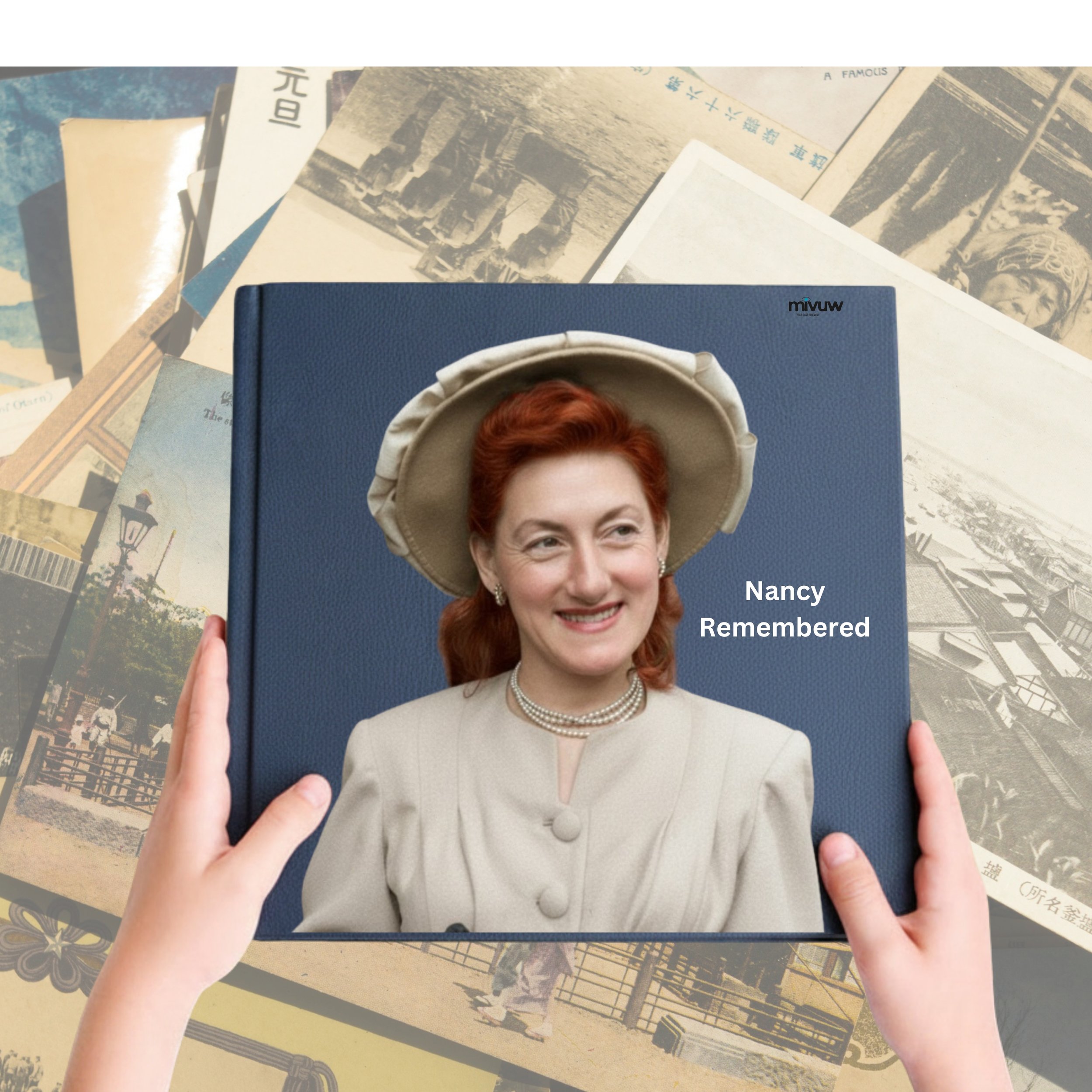 Close-up of a person's face, light-skinned with red hair, wearing a beige hat, and a beige outfit with a pearl necklace, with a background of papers and books.