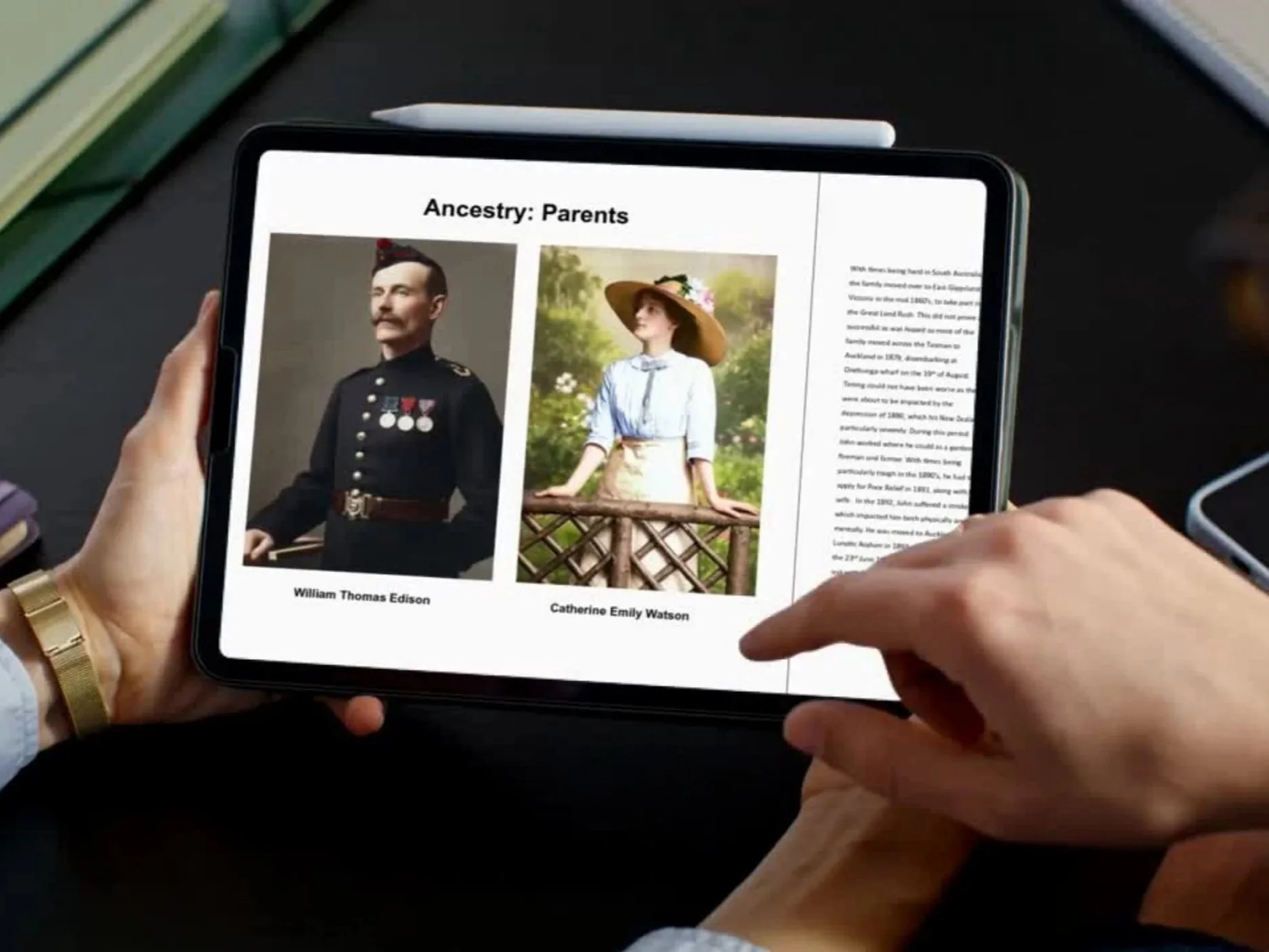 Tablet screen displaying genealogy information, including photos and names of William Thomas Edison and Catherine Emily Watson under the title "Ancestry: Parents".