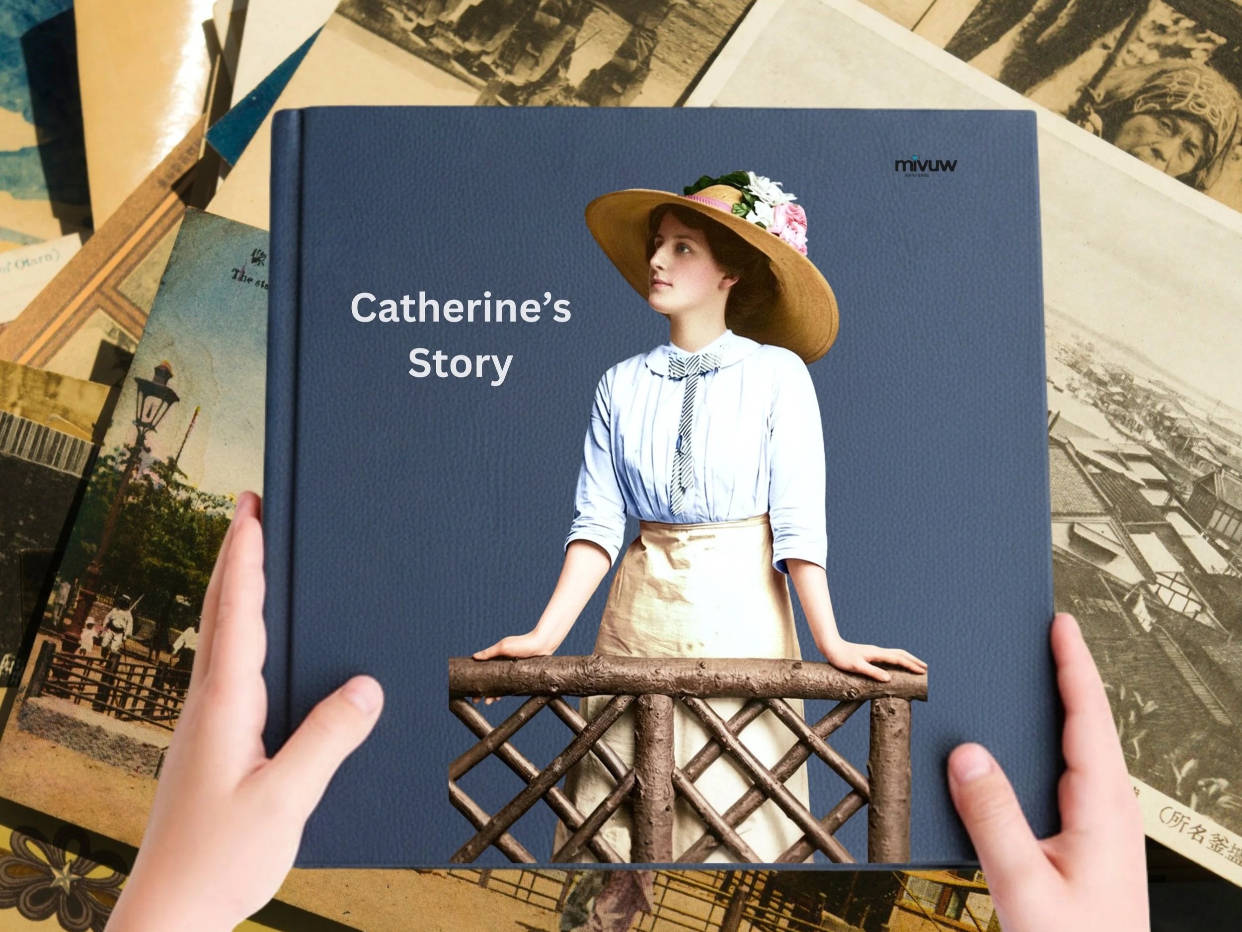 A person holding a book titled "Catherine's Story" featuring a woman in period clothing and a large hat decorated with flowers.