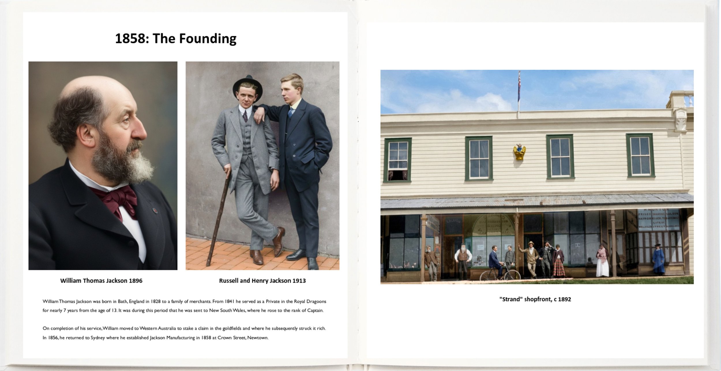 Page from a history book titled '1858: The Founding' featuring photographs of William Thomas Jackson in 1896, Russell and Henry Jackson in 1913, and a shopfront called 'Strand' circa 1892. The text describes William Thomas Jackson's early life, military service, and subsequent career.