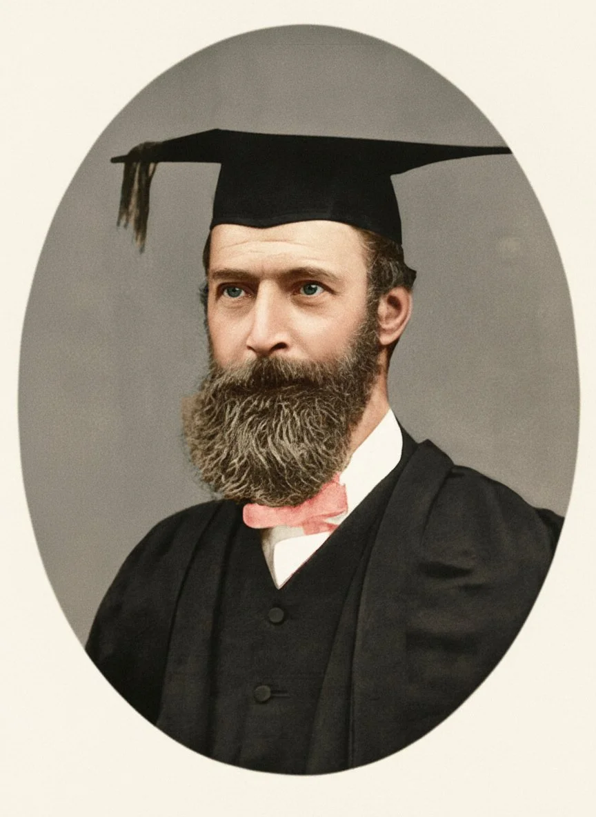 A man with a full beard and blue eyes wearing a black graduation cap and gown, posed in front of a gray background.