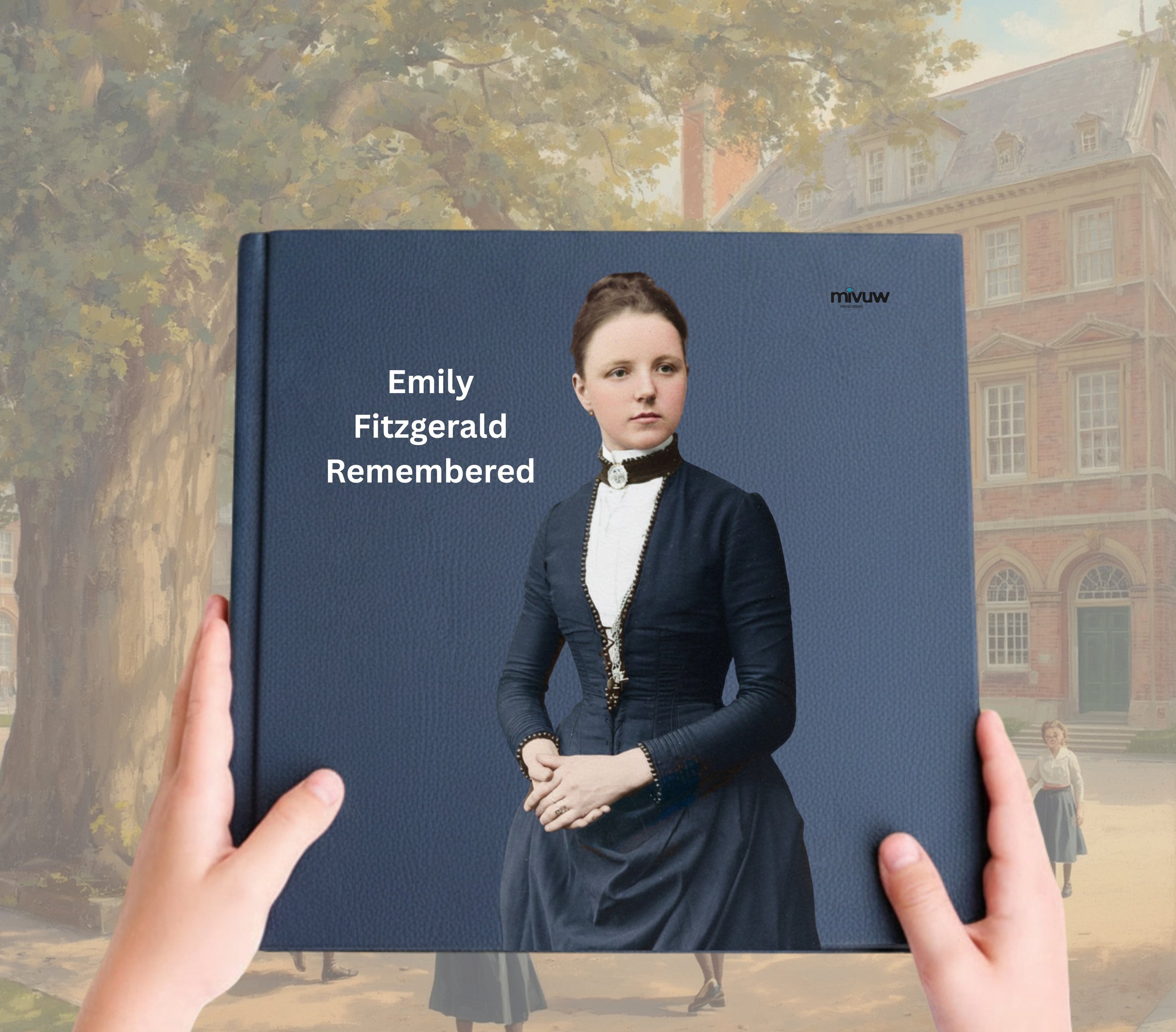 Image of a My Past Photobook titled 'Emily Fitzgerald Remembered' featuring a woman in period clothing with her hands clasped. The background shows trees and an old brick building, suggesting a historical setting.