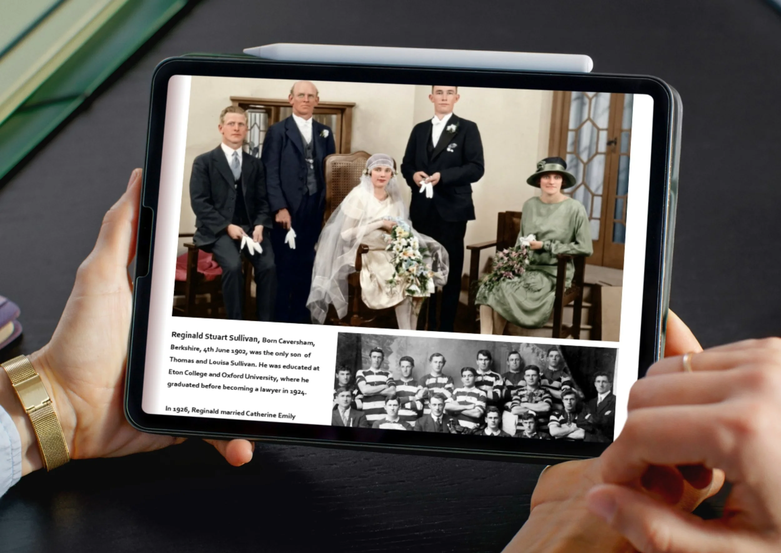Photo of a tablet device showing a page from a My Past photobook, held by a person's hands.
