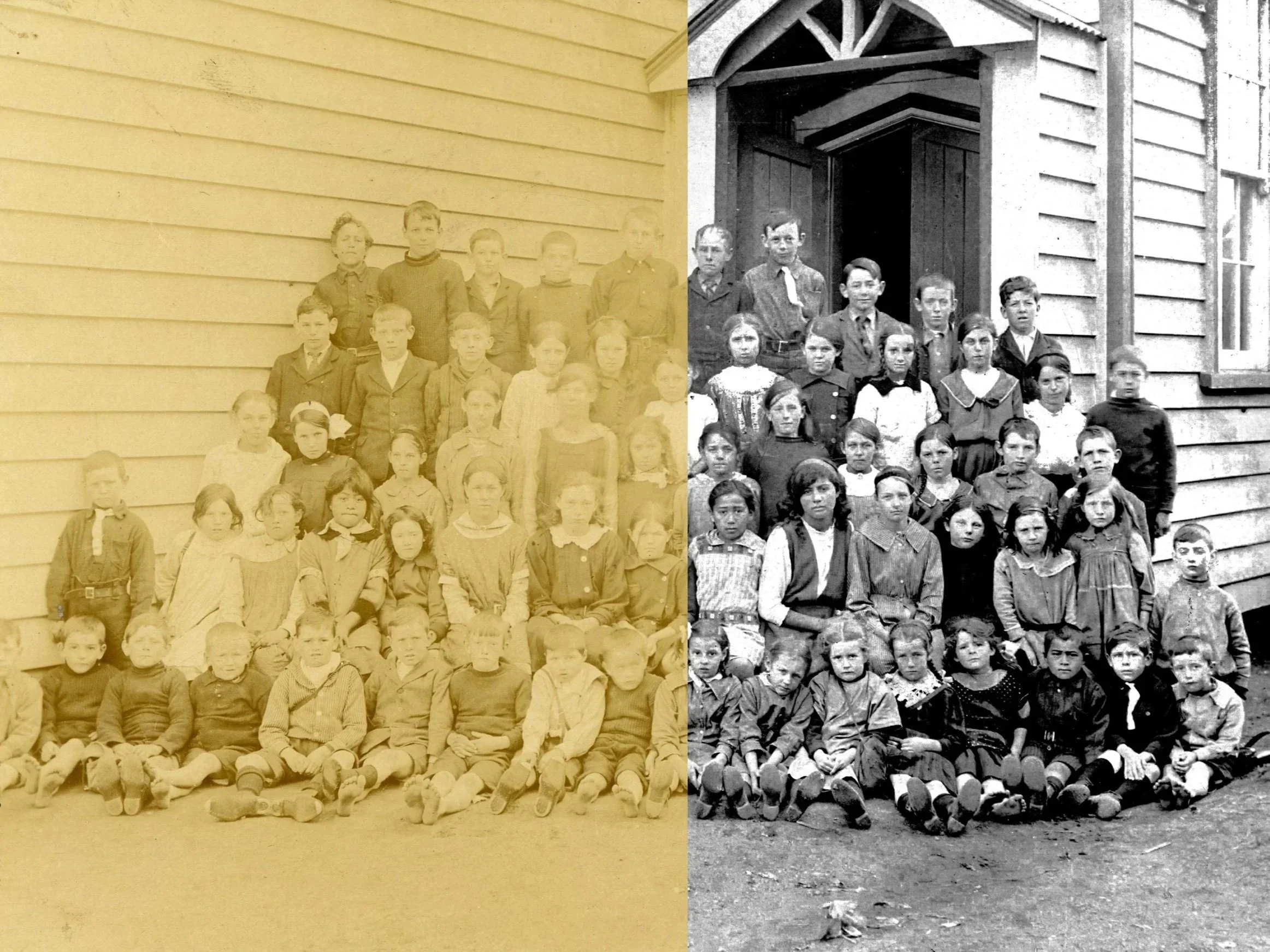 A black and white vintage photograph of a group of school children standing in front of a wooden building, with half the image faded in a yellowish tint.