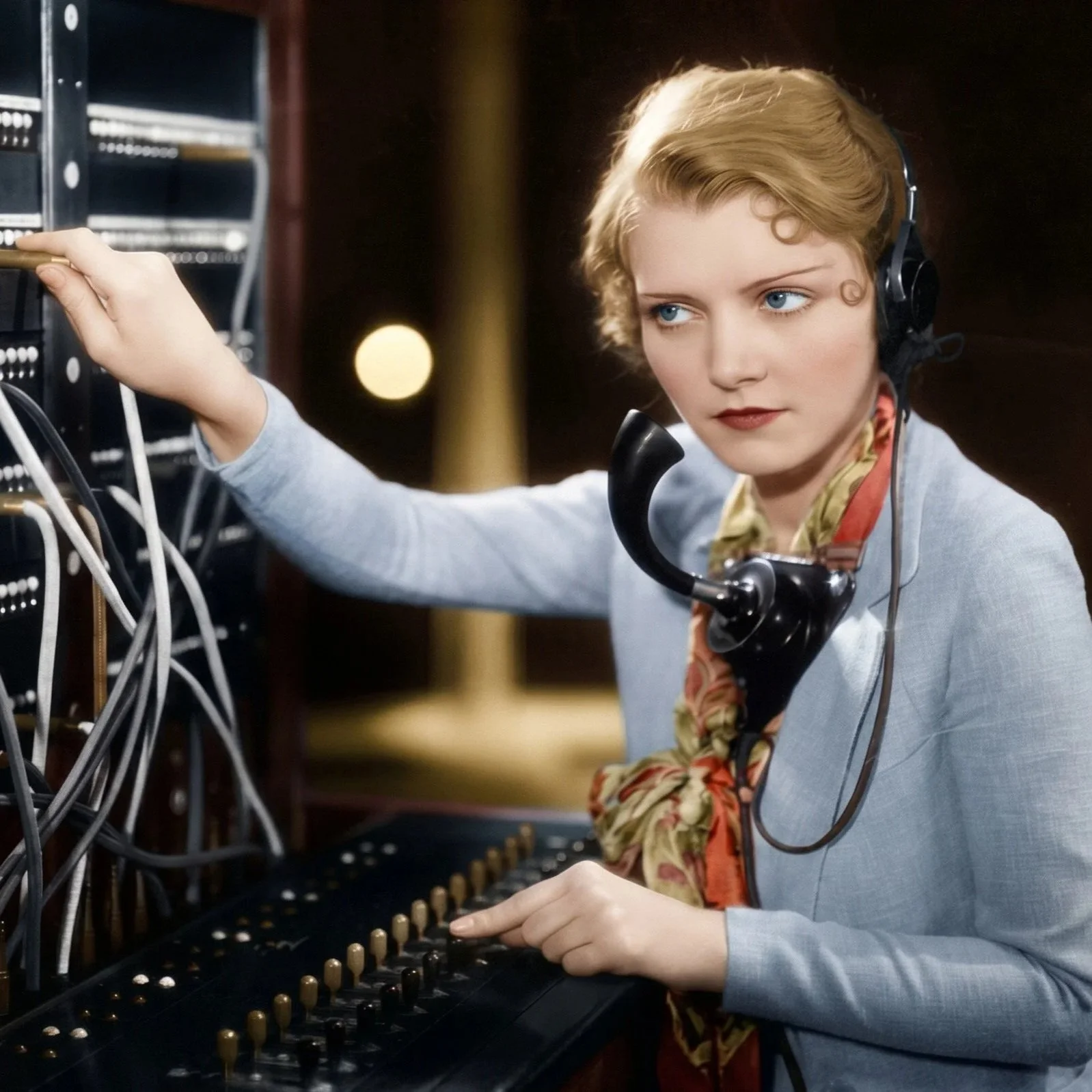 A colourised photo of a woman with short blonde hair and blue eyes, wearing a grey blazer, a floral scarf, and a black headset, working with vintage radio equipment in a  control room.