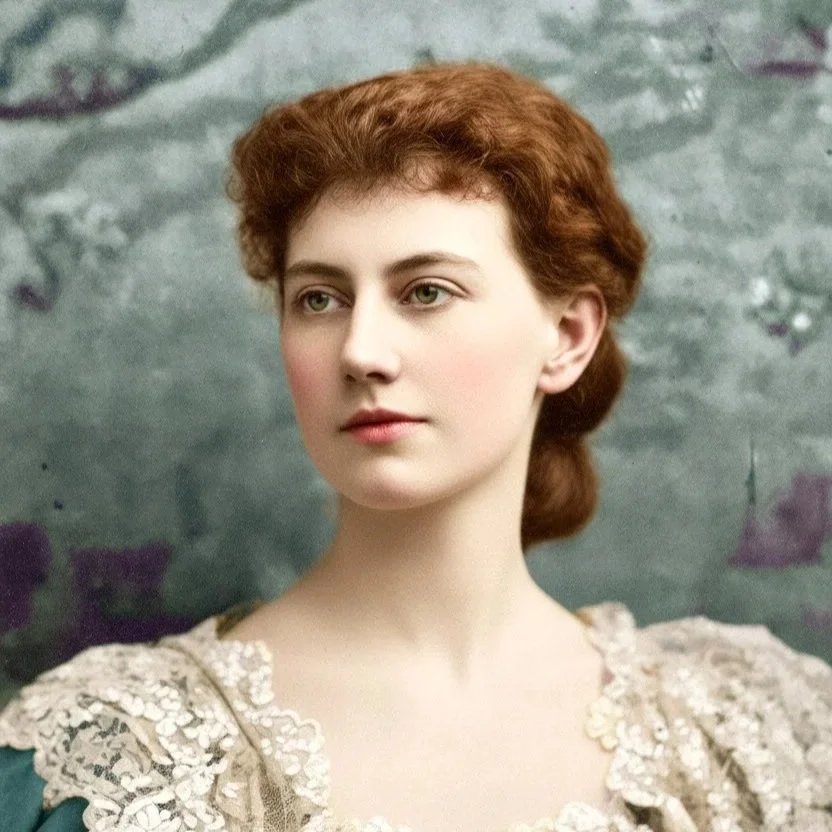 A portrait of a young woman with red hair, wearing a vintage lace dress, standing against a textured, muted background.