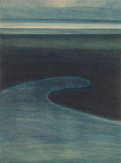 A painting of a dark, winding river flowing through a flat landscape under a cloudy sky.