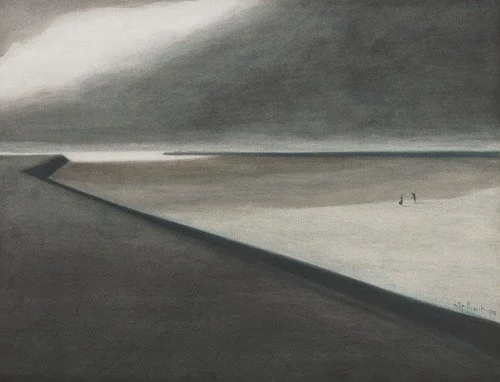A black asphalt road curving along a beach with a gray cloudy sky overhead, two small figures are walking in the distance.