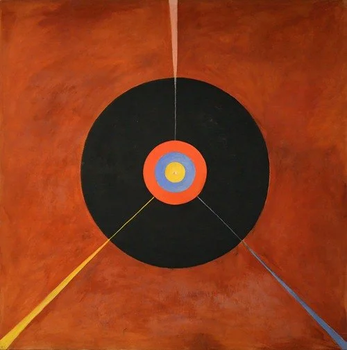 Abstract painting of a black circle with concentric rings in yellow, blue, and orange at the center, set against a reddish-brown background. Three lines extend from the center to the edges: yellow, blue, and gray.